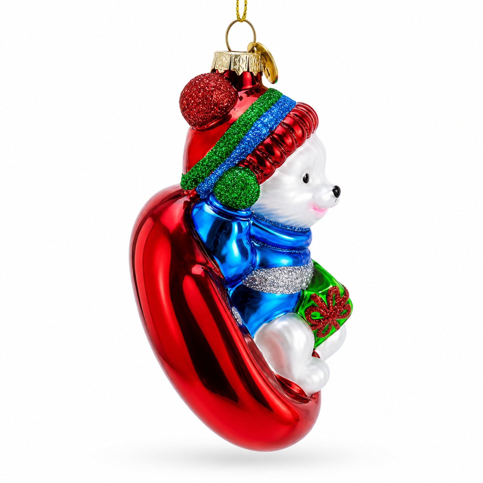 Puppy on Snow Tube Glass Christmas Ornament