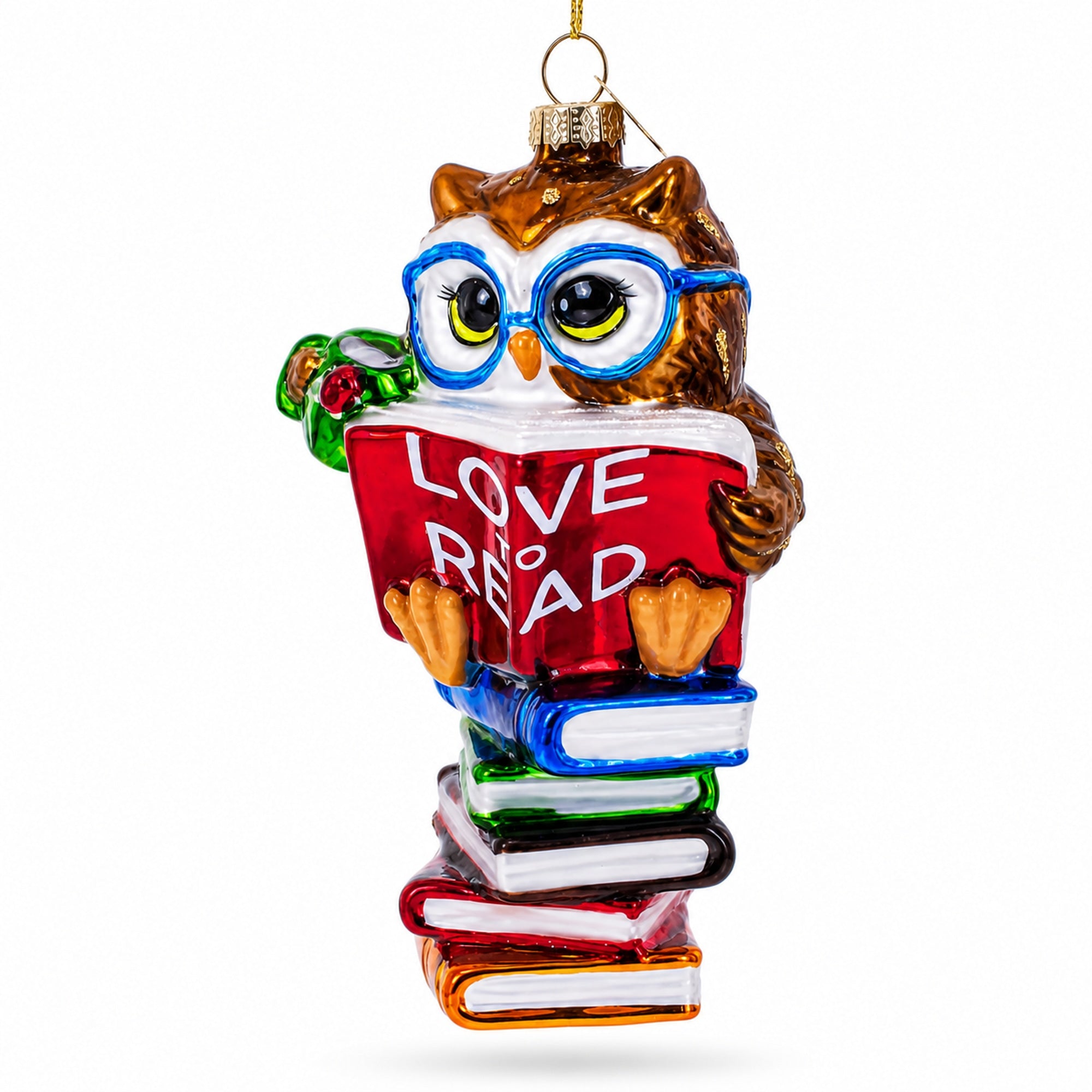 Love to Read Wise Owl with Books Glass Christmas Ornament