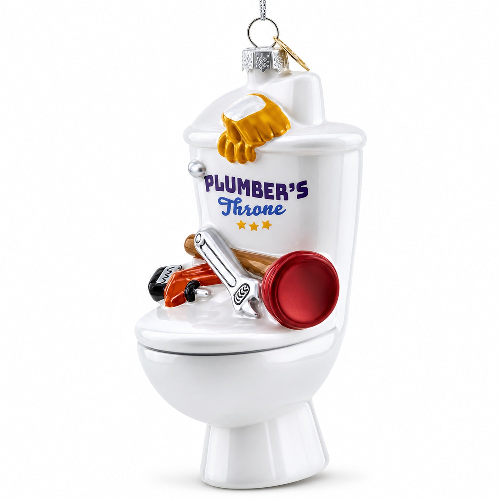 Fix It Plumber Throne with Plunger and Wrench Glass Christmas Ornament