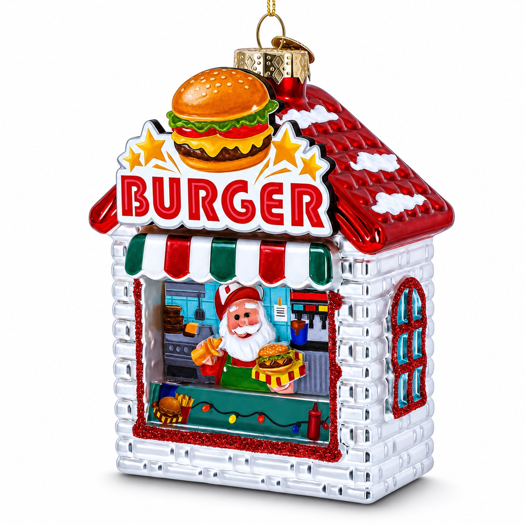 Santa’s Holiday Burger Stand Glass Christmas Ornament