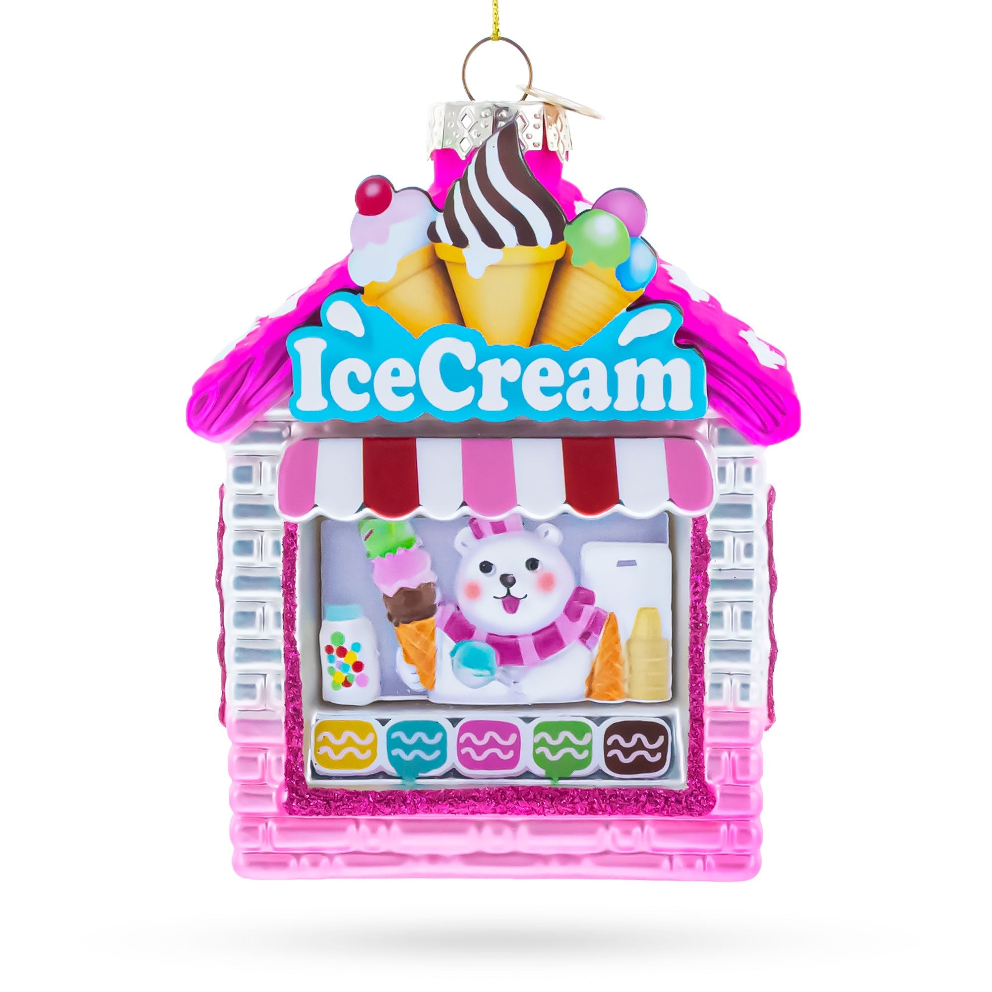 Ice Cream Shop with Polar Bear Glass Christmas Ornament