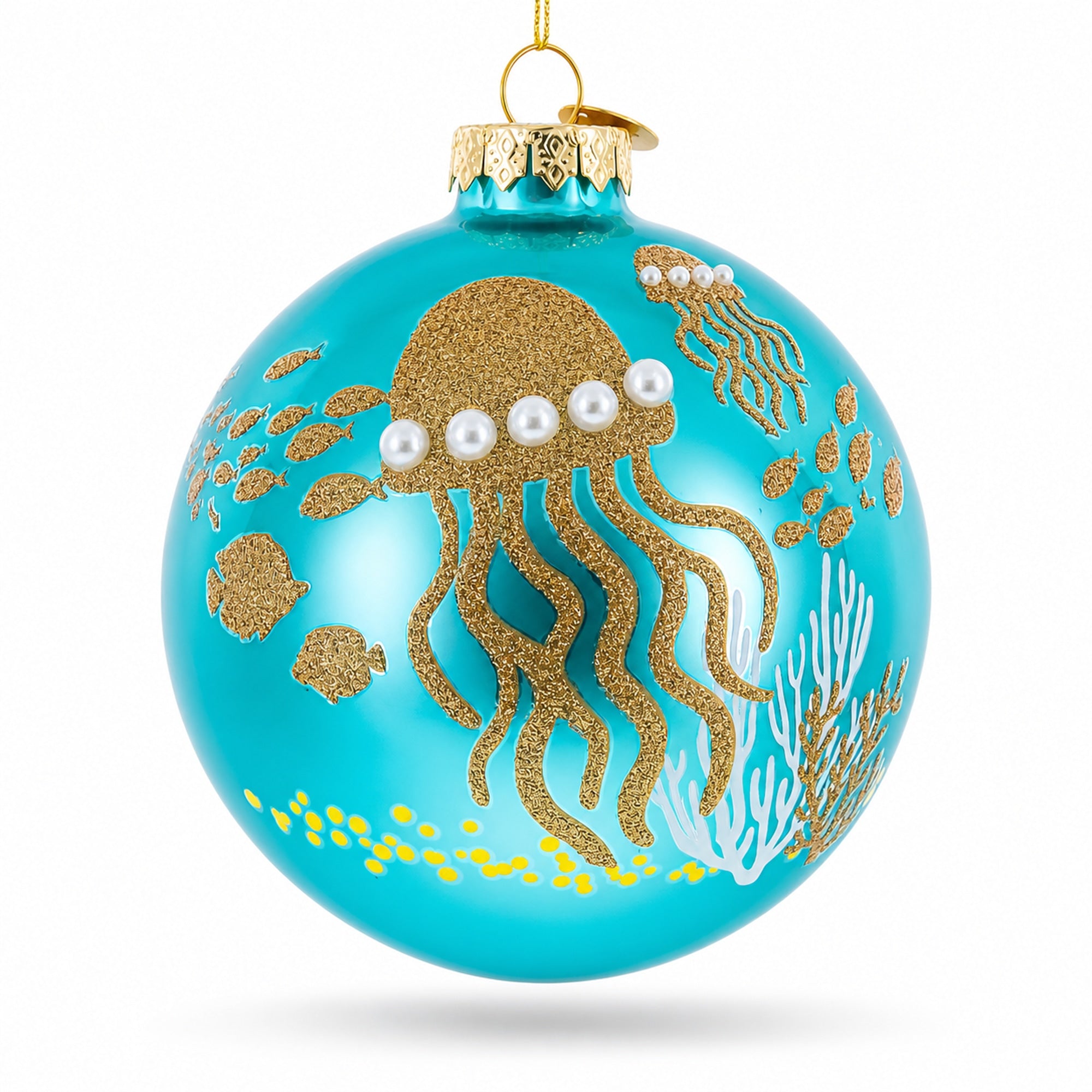 Ocean Jellyfish and Coral Teal Glass Ball Christmas Ornament