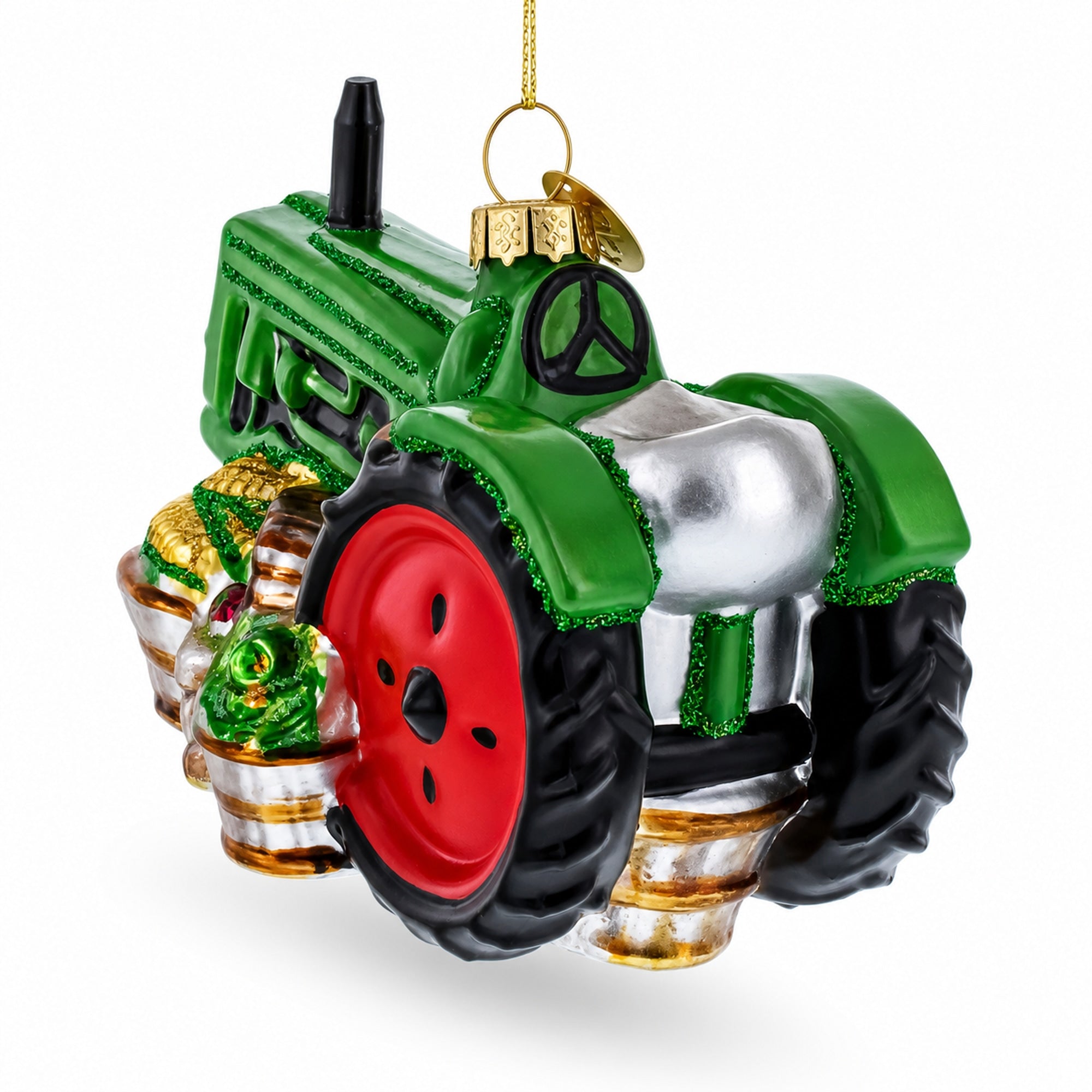 Green Tractor with Crop Barrels Glass Christmas Ornament