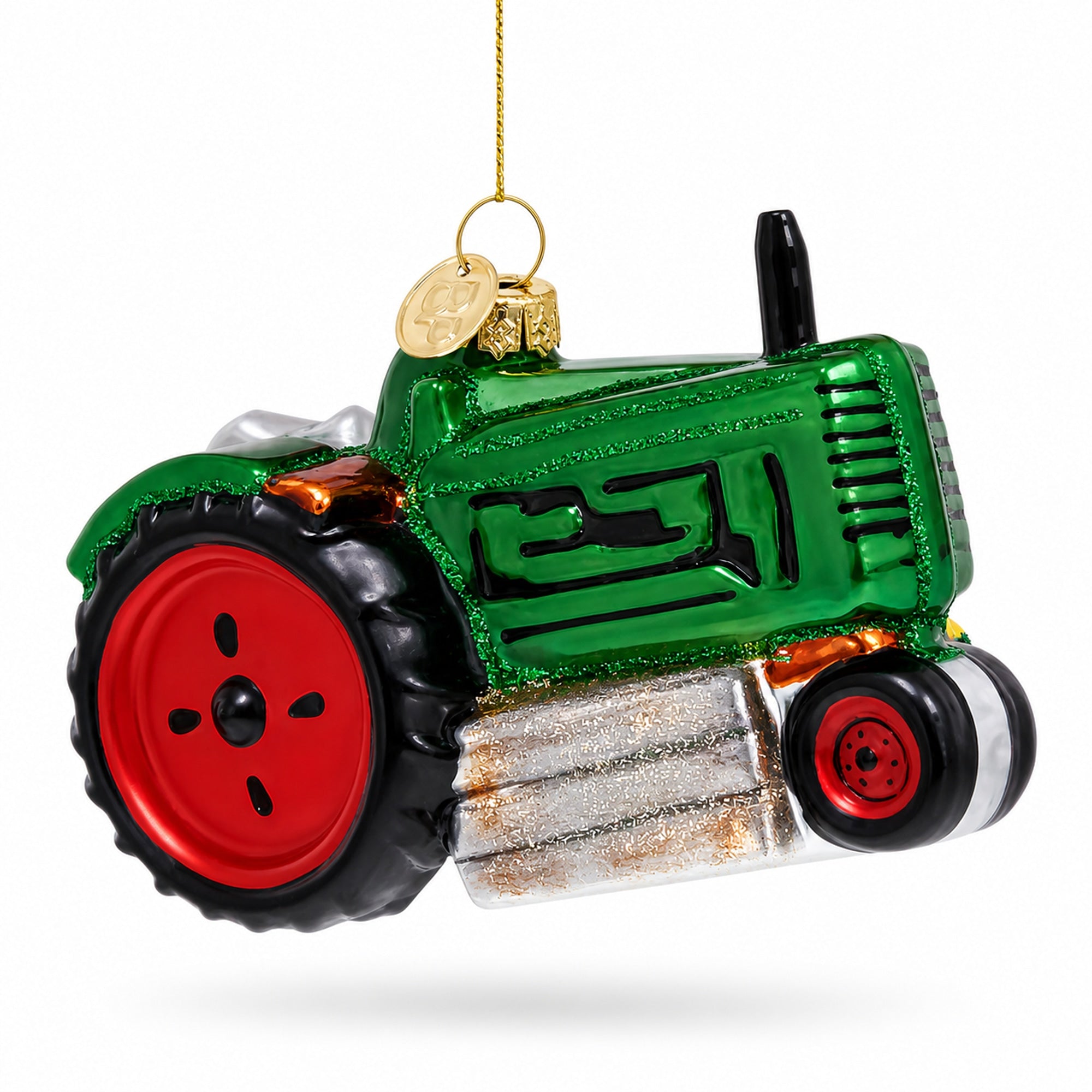 Green Tractor with Crop Barrels Glass Christmas Ornament