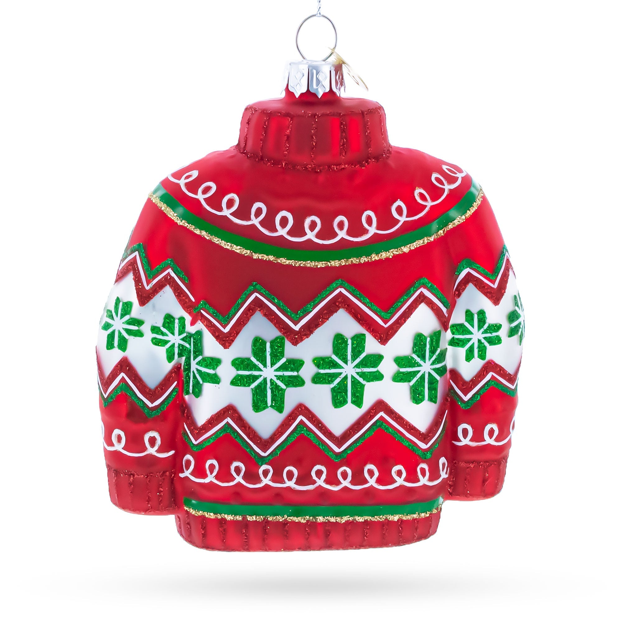 Holiday Knit Sweater with Snowflake Pattern Glass Christmas Ornament