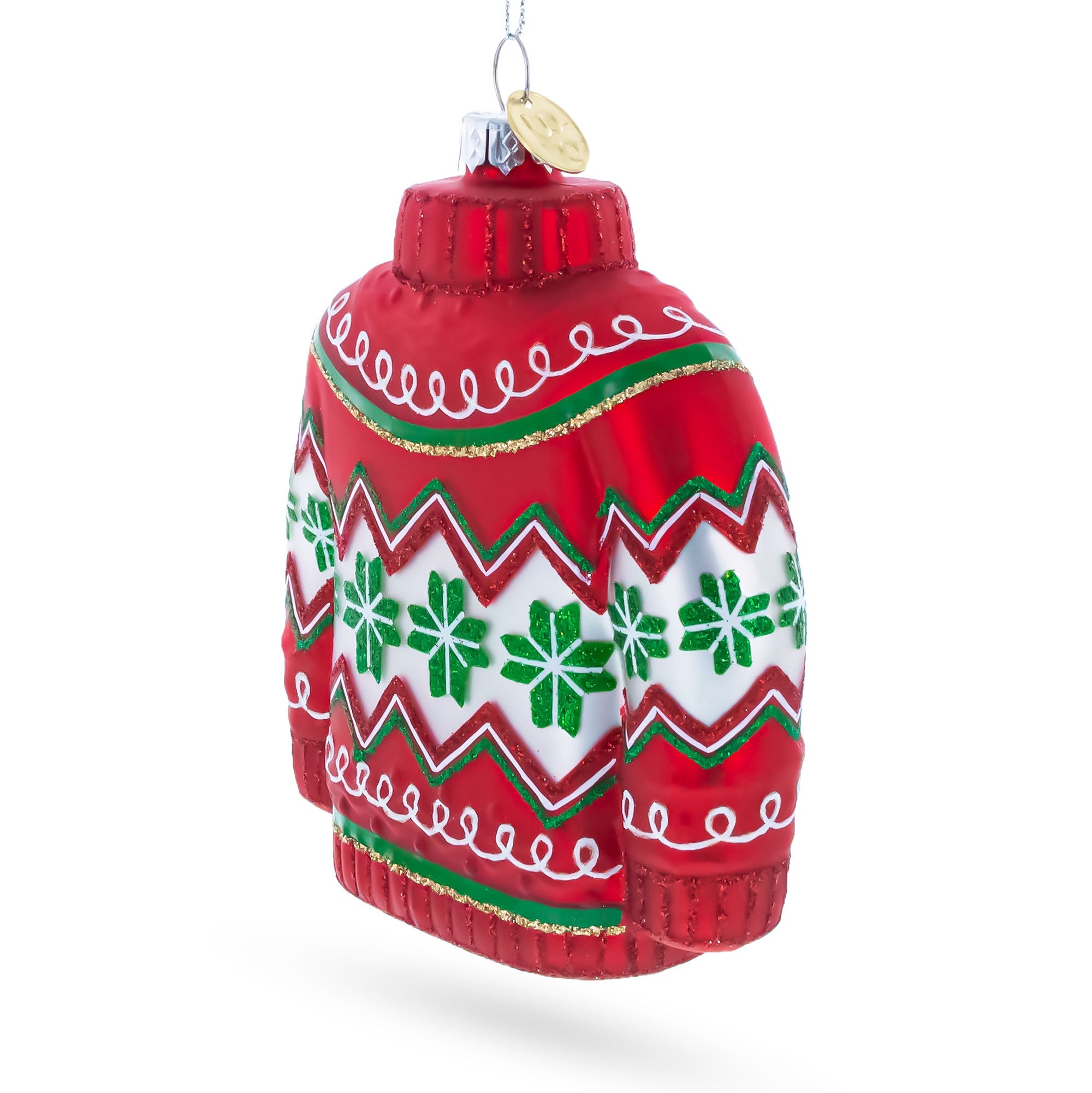 Holiday Knit Sweater with Snowflake Pattern Glass Christmas Ornament