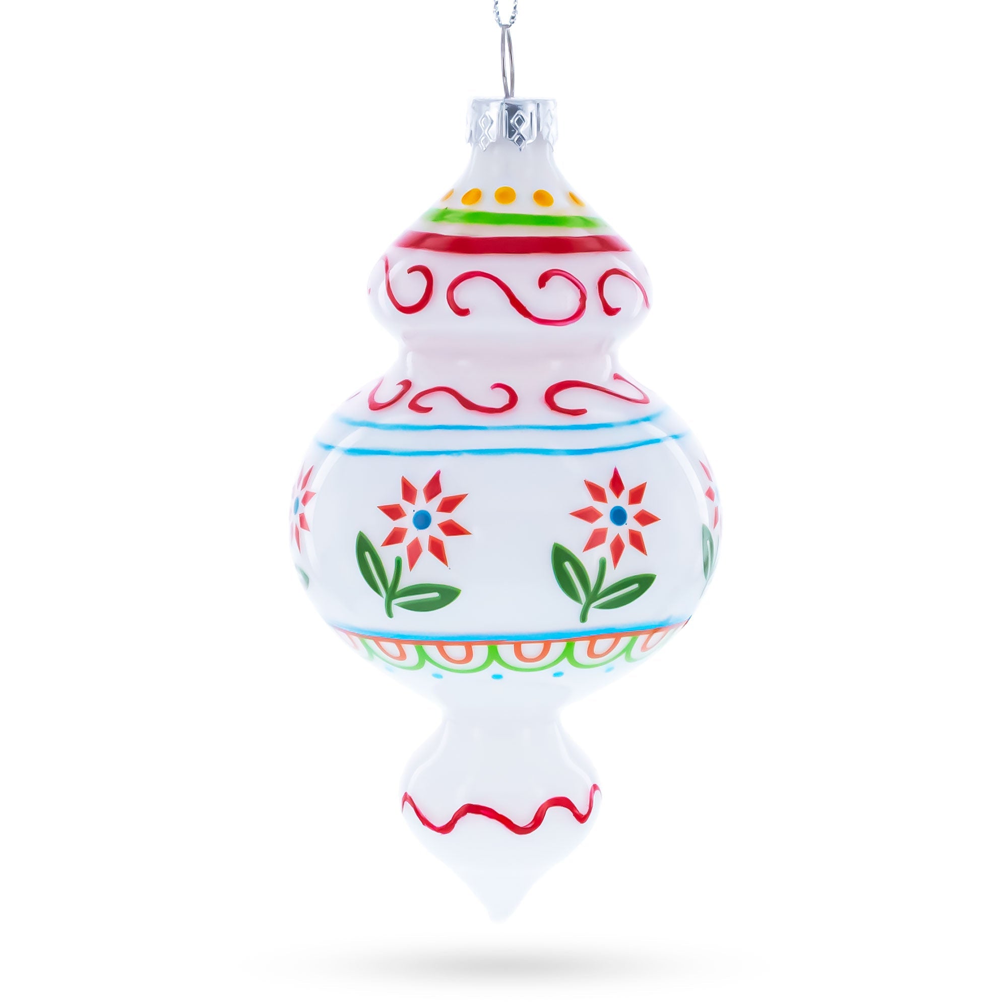 Red Flowers and Swirls Glass Christmas Ornament