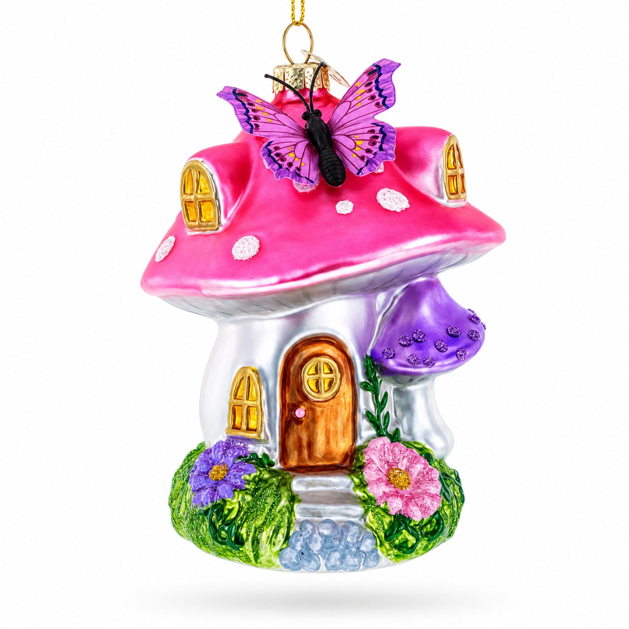 Fairy Mushroom House Glass Christmas Ornament