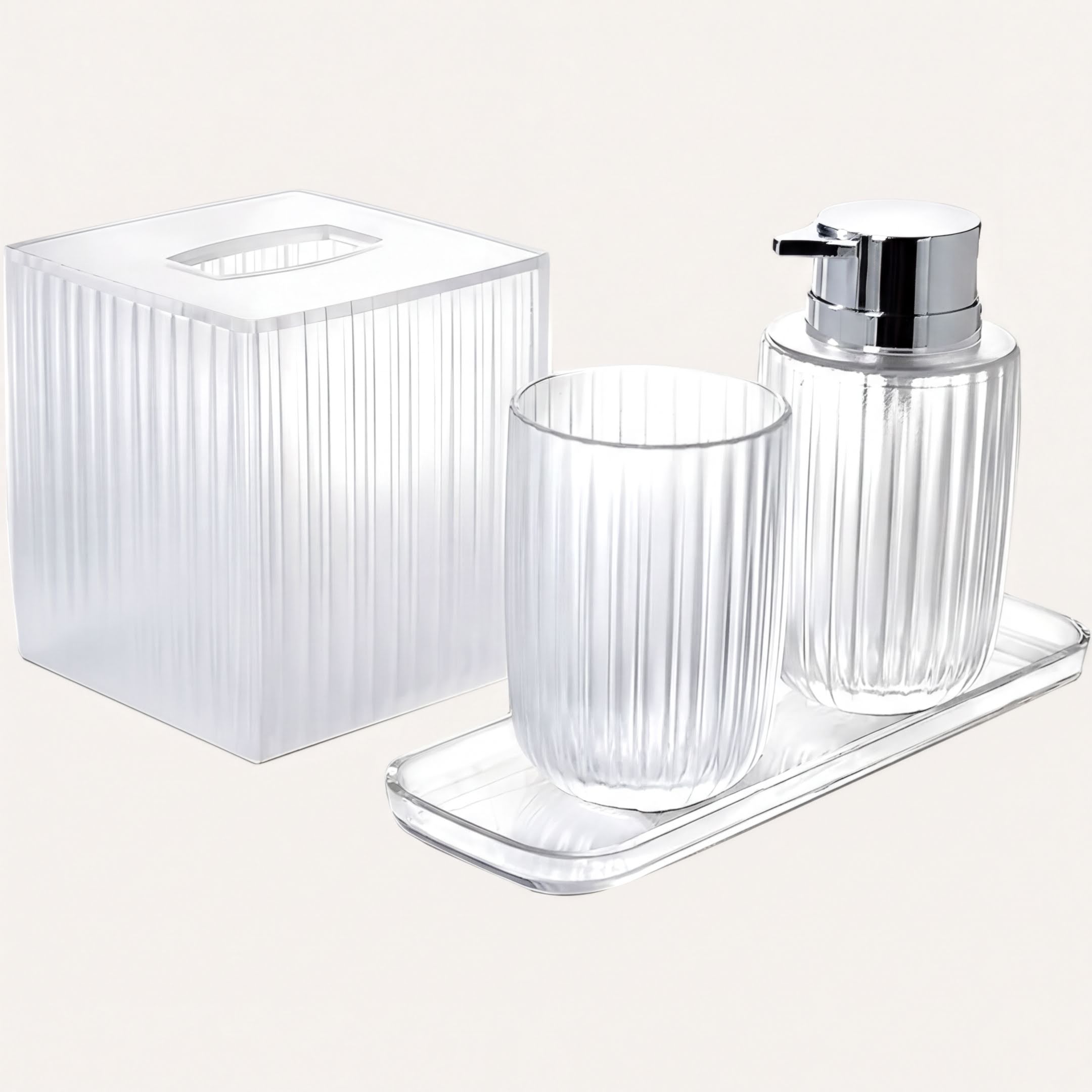 Acrylic Bathroom Set – Modern Bathroom Accessories with Soap Dispenser Pump & Tray