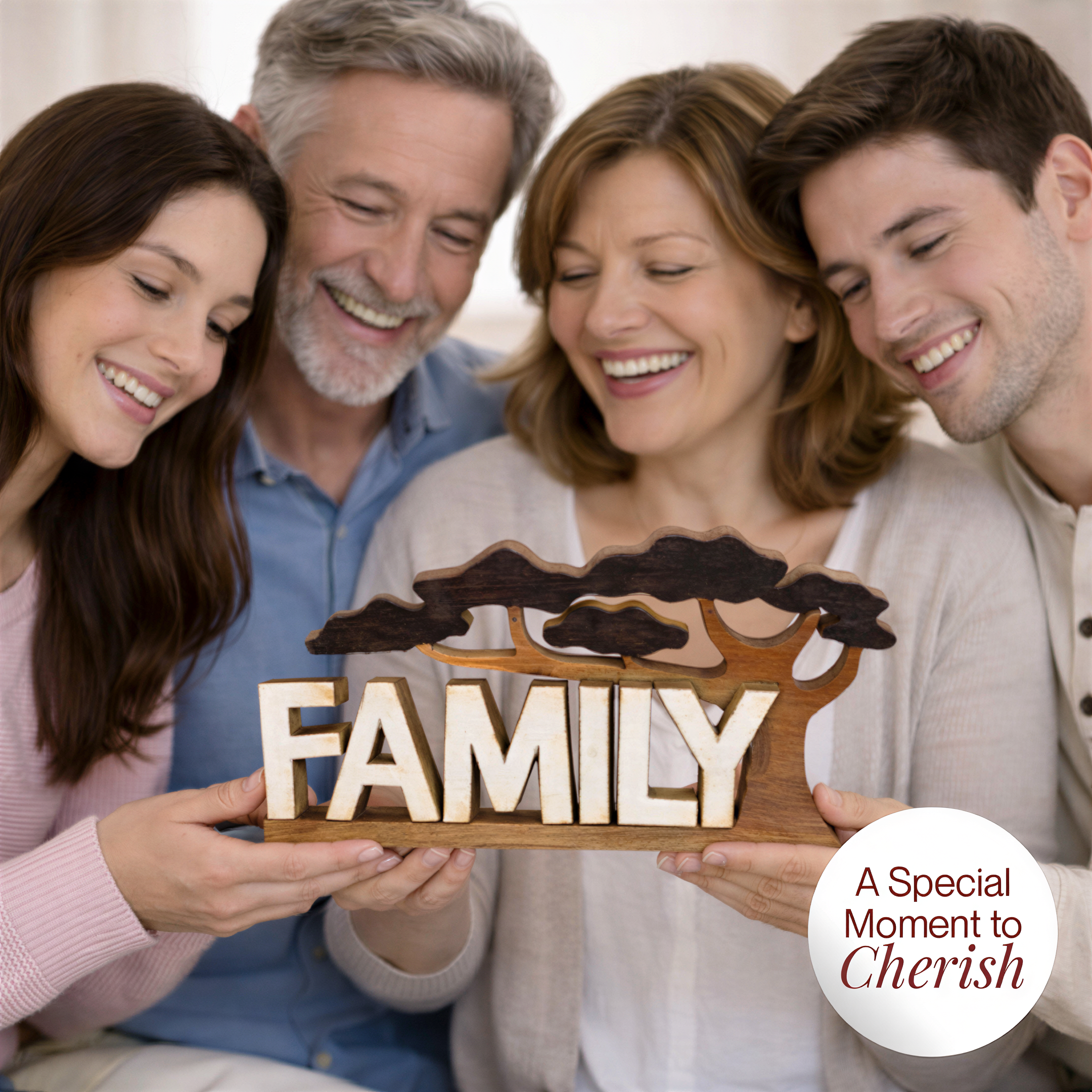 Wooden Family Sculpture – Handmade Acacia Wood Decorative Plaque Gift