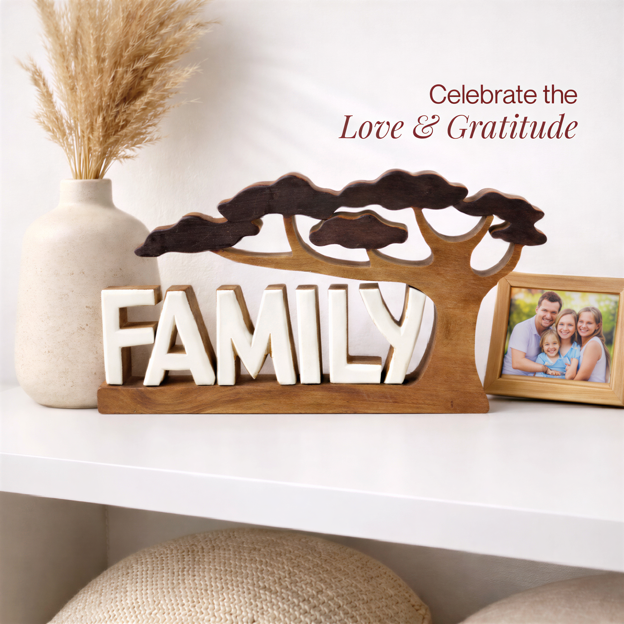 Wooden Family Sculpture – Handmade Acacia Wood Decorative Plaque Gift