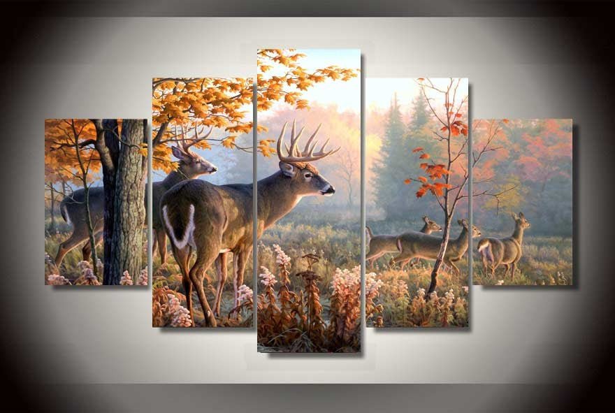 Deer In Forest Hunters 5-Piece Wall Art Canvas