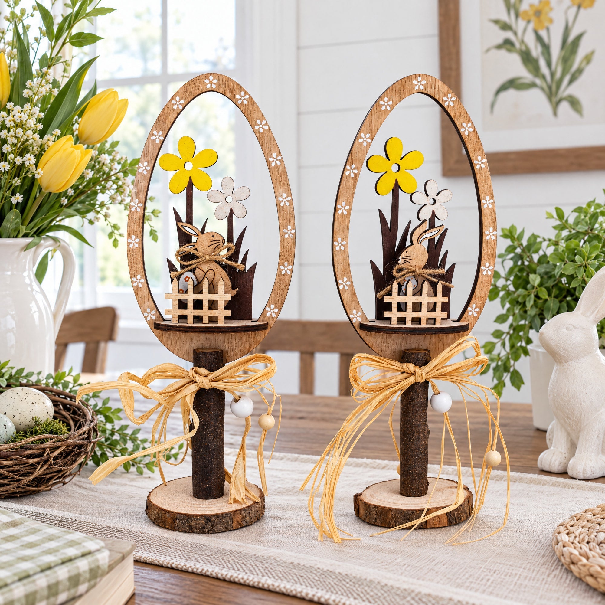 Set of 2 Rustic Wooden Easter Egg Tabletop Decorations With Bunny Scene 10.7 Inches Tall