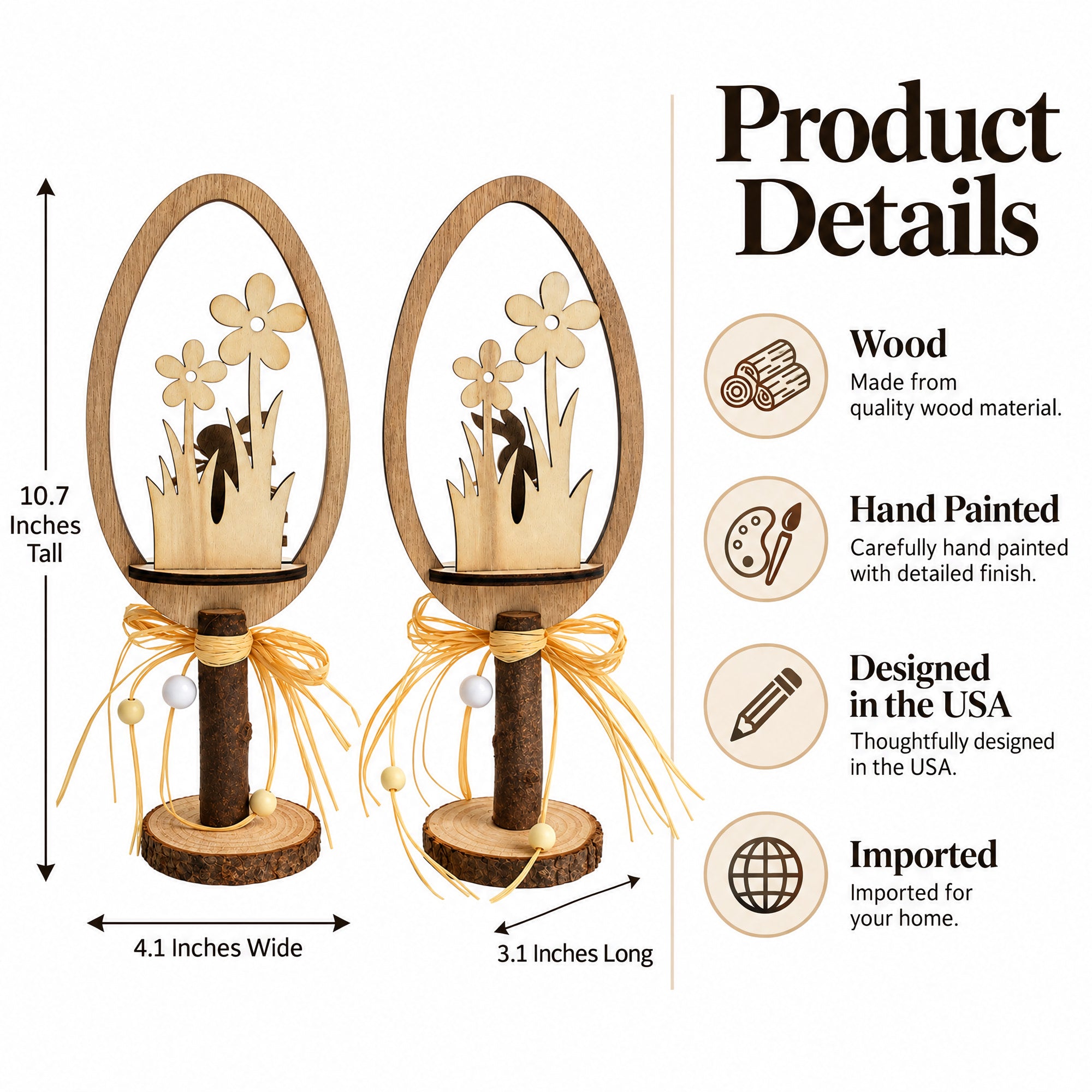 Set of 2 Rustic Wooden Easter Egg Tabletop Decorations With Bunny Scene 10.7 Inches Tall