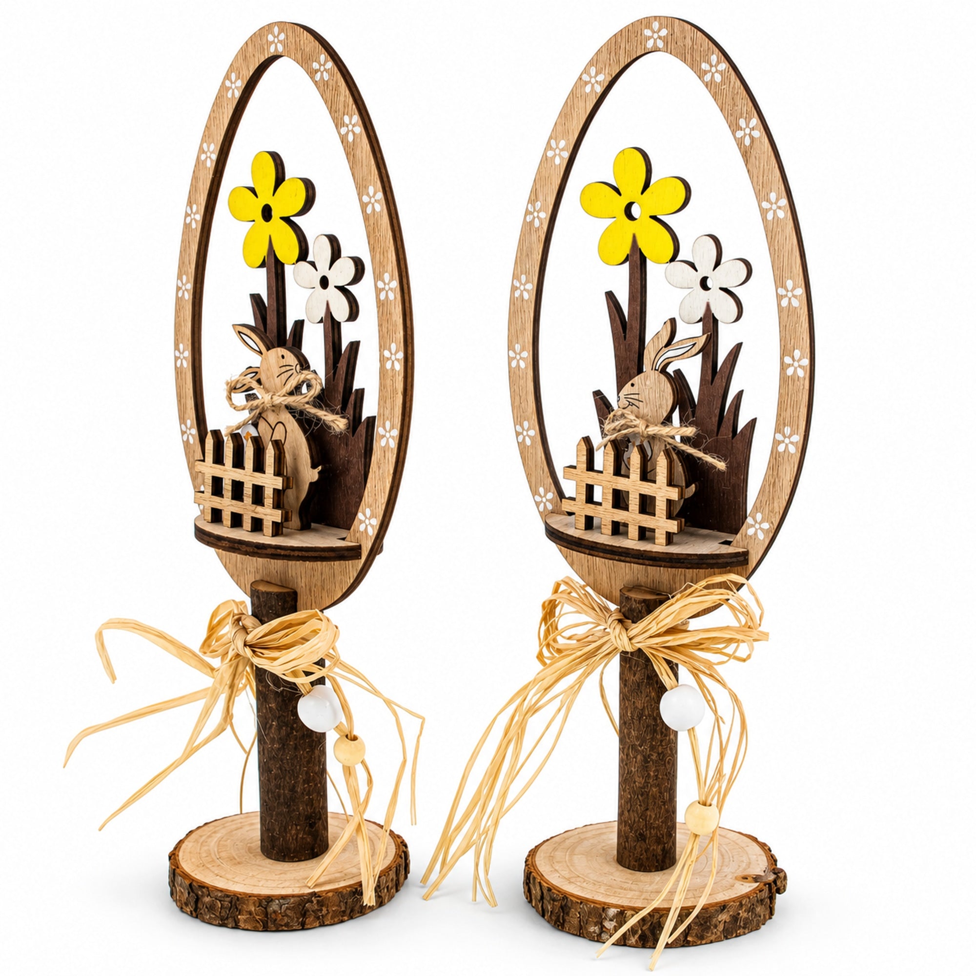 Set of 2 Rustic Wooden Easter Egg Tabletop Decorations With Bunny Scene 10.7 Inches Tall