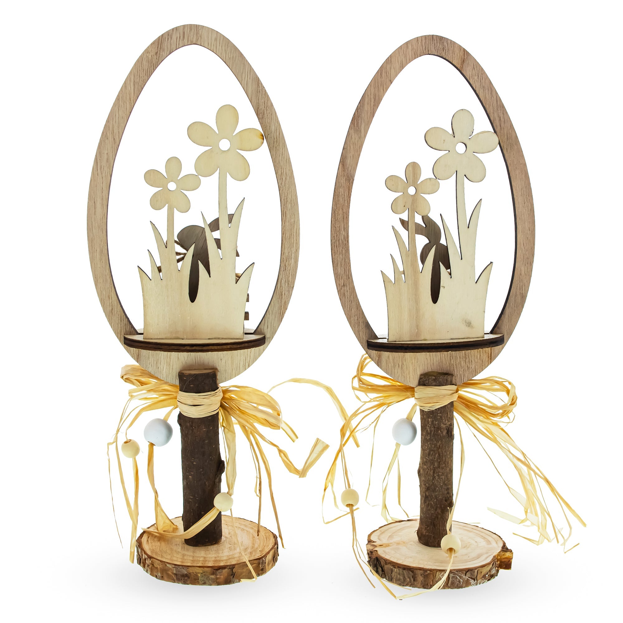 Set of 2 Rustic Wooden Easter Egg Tabletop Decorations With Bunny Scene 10.7 Inches Tall