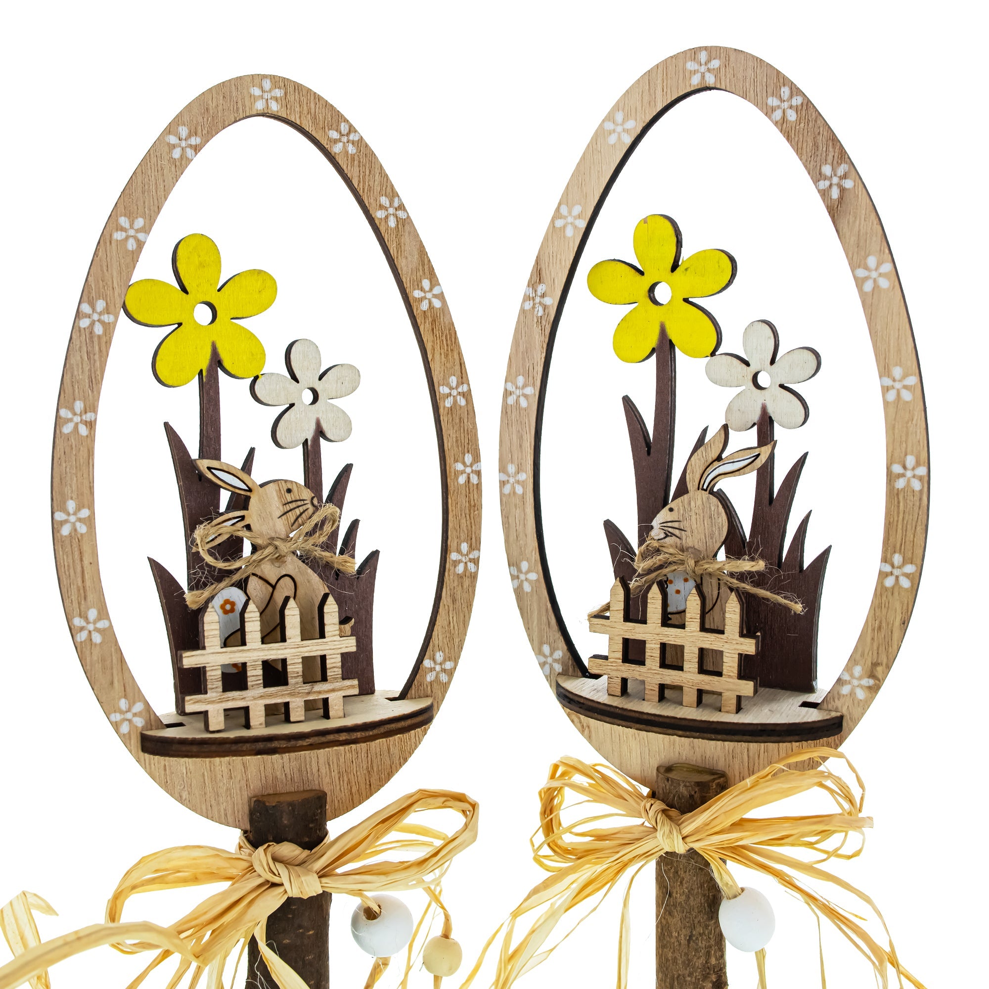 Set of 2 Rustic Wooden Easter Egg Tabletop Decorations With Bunny Scene 10.7 Inches Tall