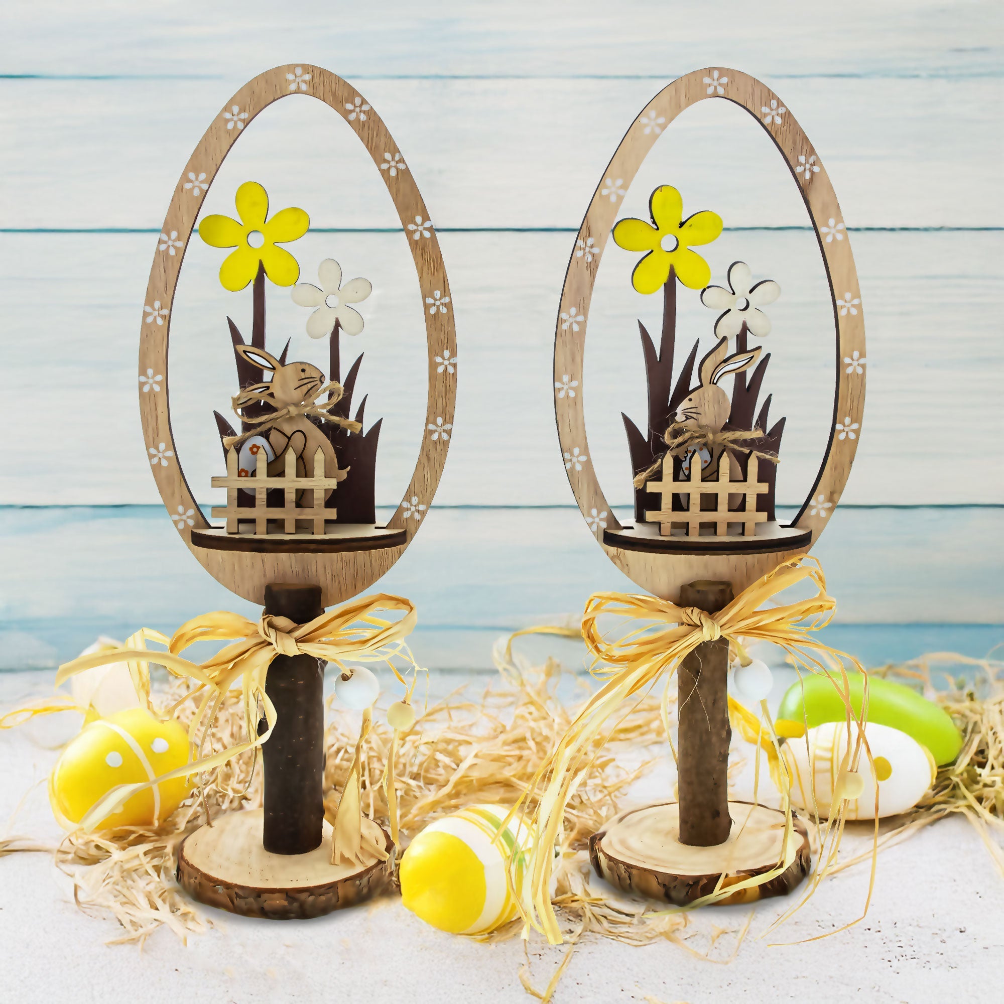 Set of 2 Rustic Wooden Easter Egg Tabletop Decorations With Bunny Scene 10.7 Inches Tall