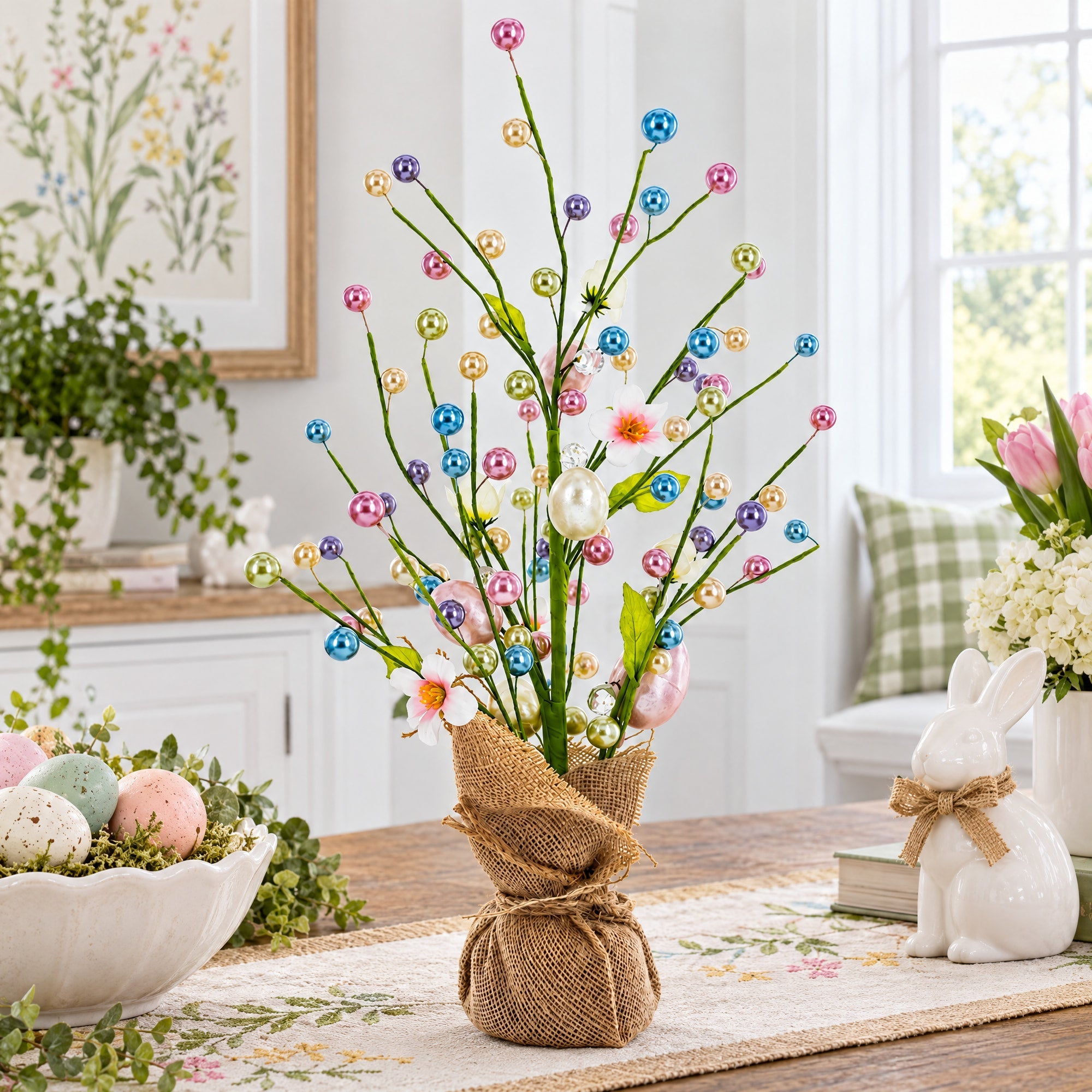 Easter Berry & Egg Floral Branch Arrangement Spring Tabletop Centerpiece with Burlap Base 17.5 Inches