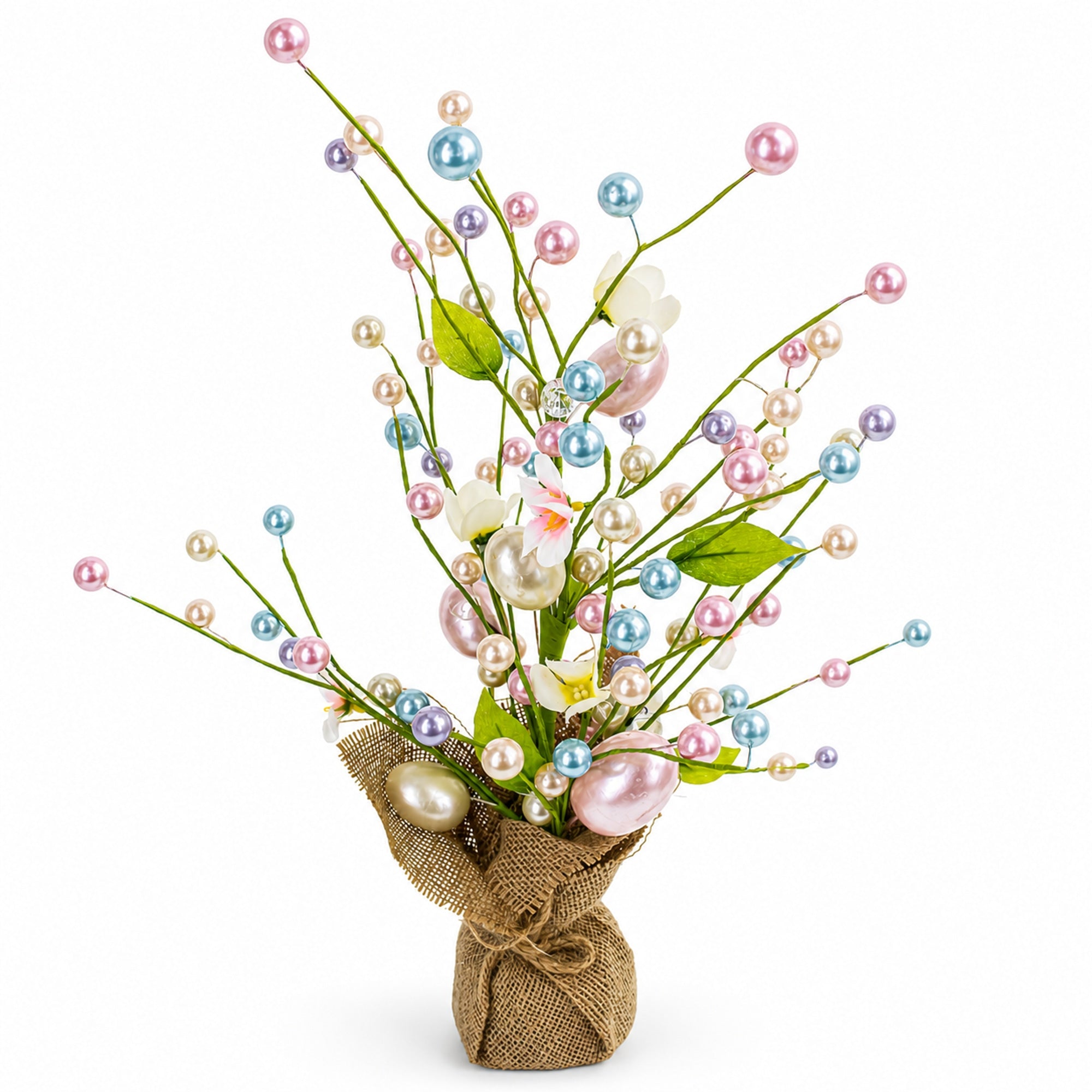 Easter Berry & Egg Floral Branch Arrangement Spring Tabletop Centerpiece with Burlap Base 17.5 Inches