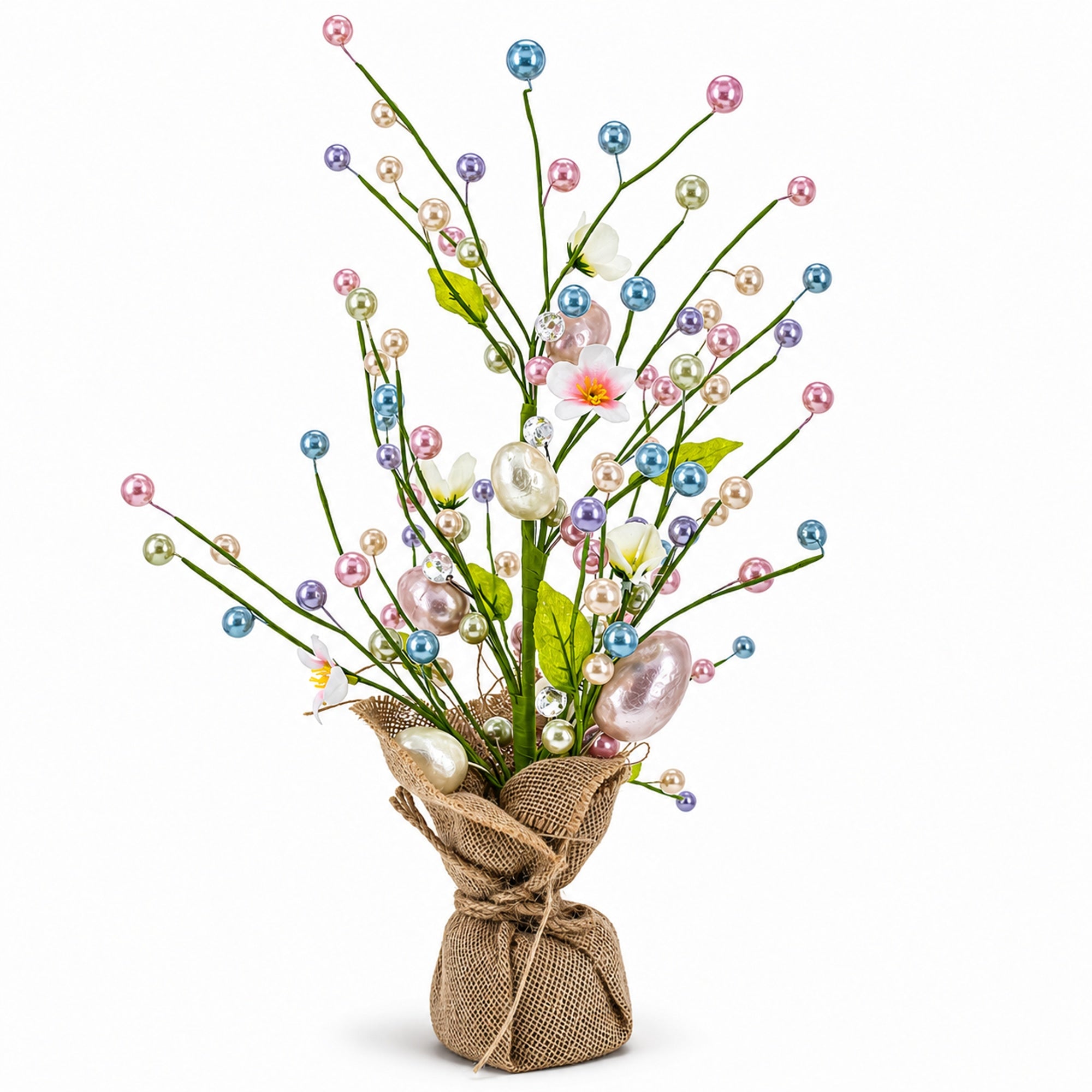 Easter Berry & Egg Floral Branch Arrangement Spring Tabletop Centerpiece with Burlap Base 17.5 Inches