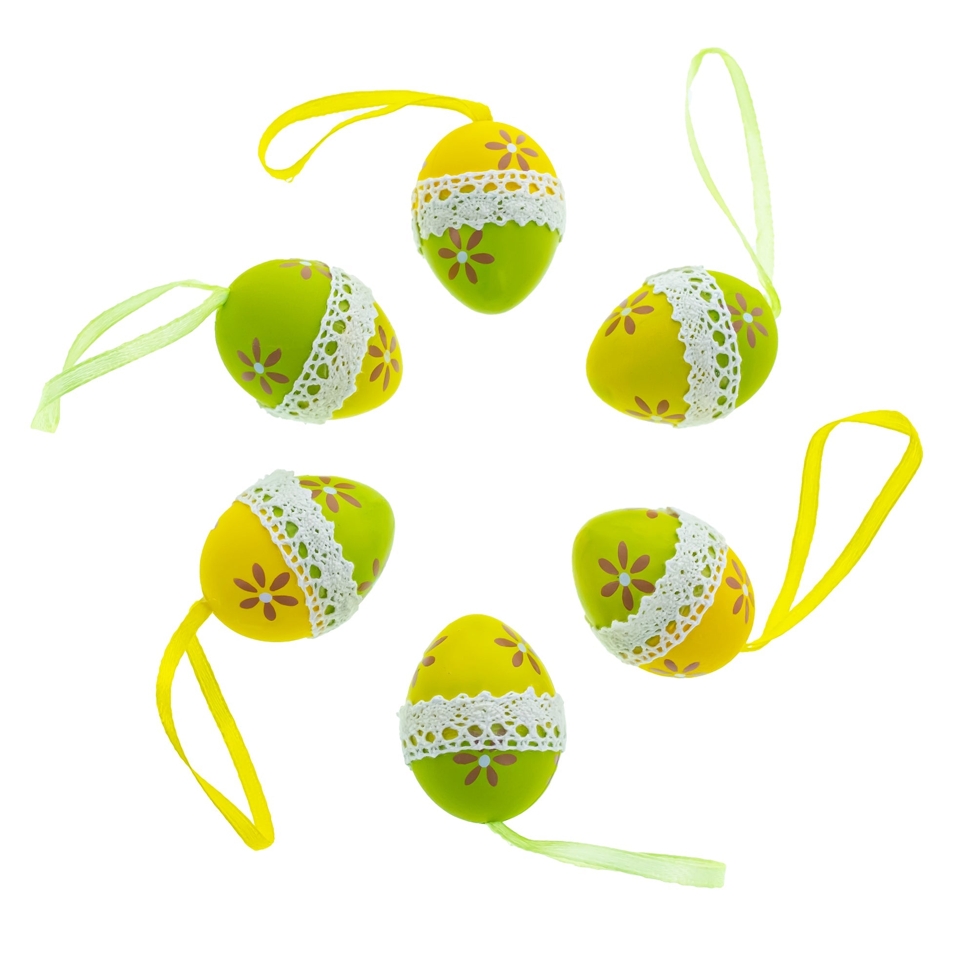 Set of 6 Yellow Green Lace-Trimmed Hanging Floral Easter Egg Ornaments