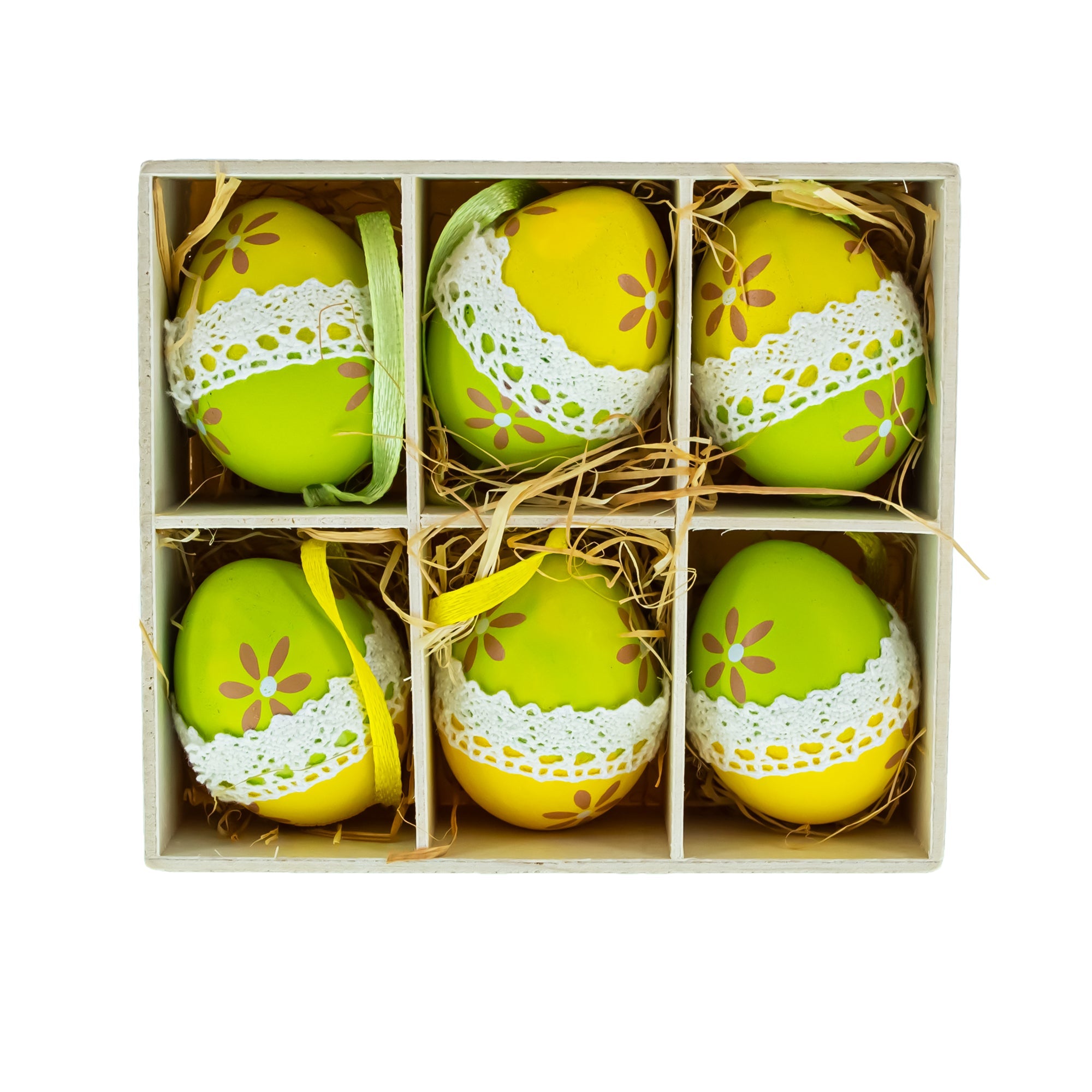 Set of 6 Yellow Green Lace-Trimmed Hanging Floral Easter Egg Ornaments
