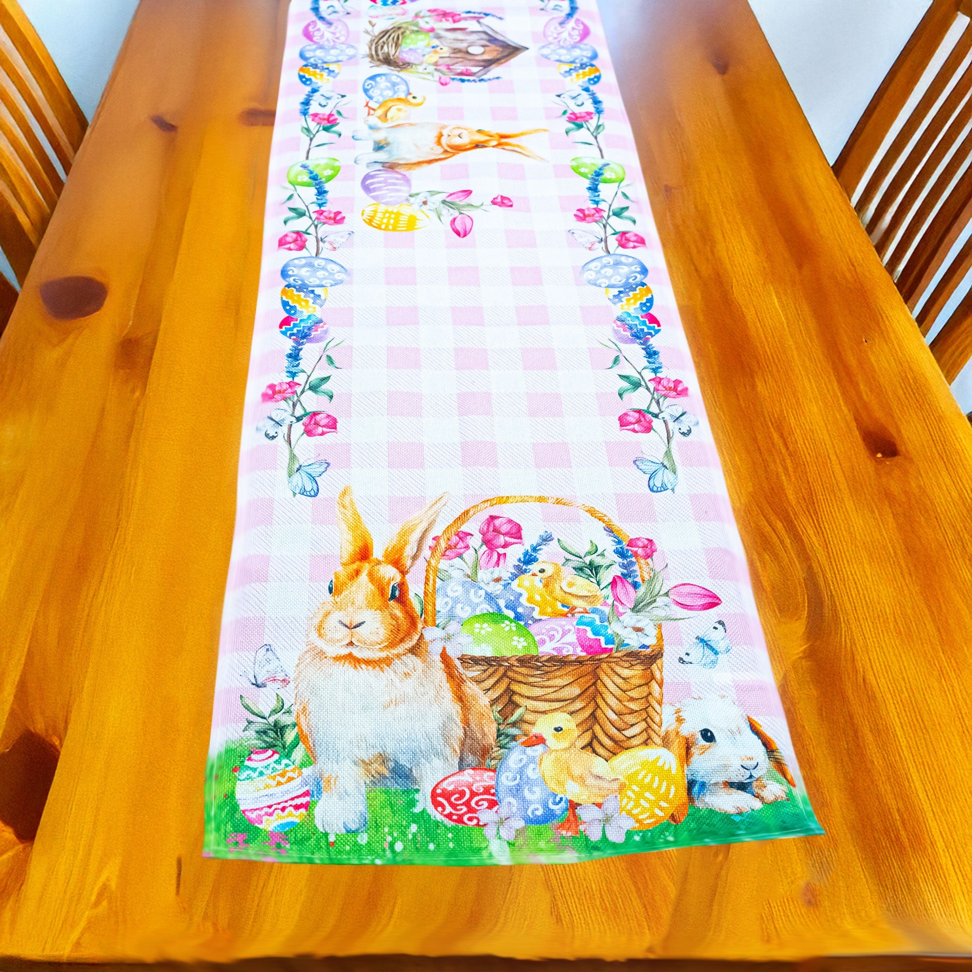 Fabric Easter Table Runner Featuring Playful Bunnies and Pastel Eggs 73 Inches Long