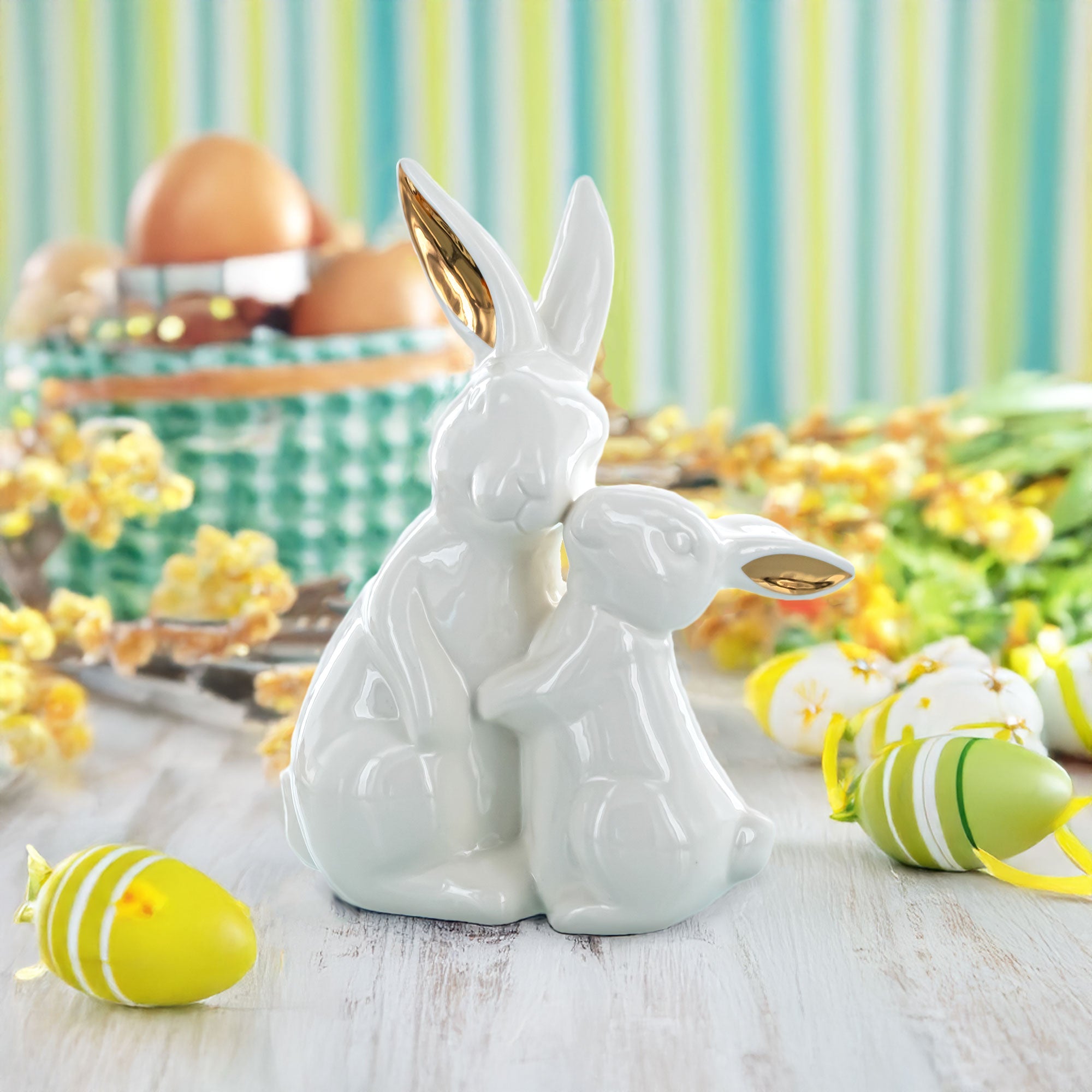 Elegant Ceramic Mother Bunny with Baby Figurine 8 Inches Tall
