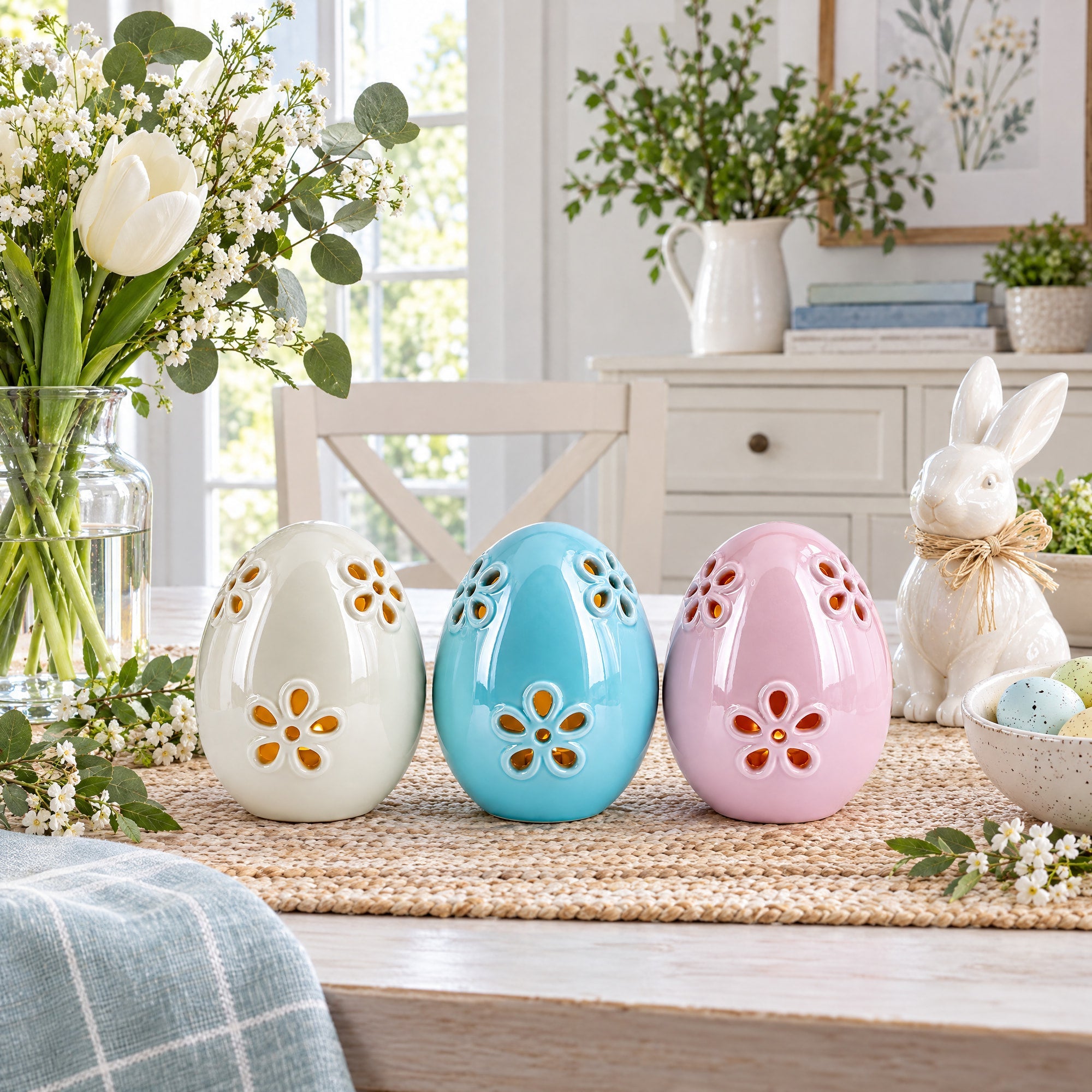 Set of 3 Pearlized Ceramic Easter Egg Lanterns