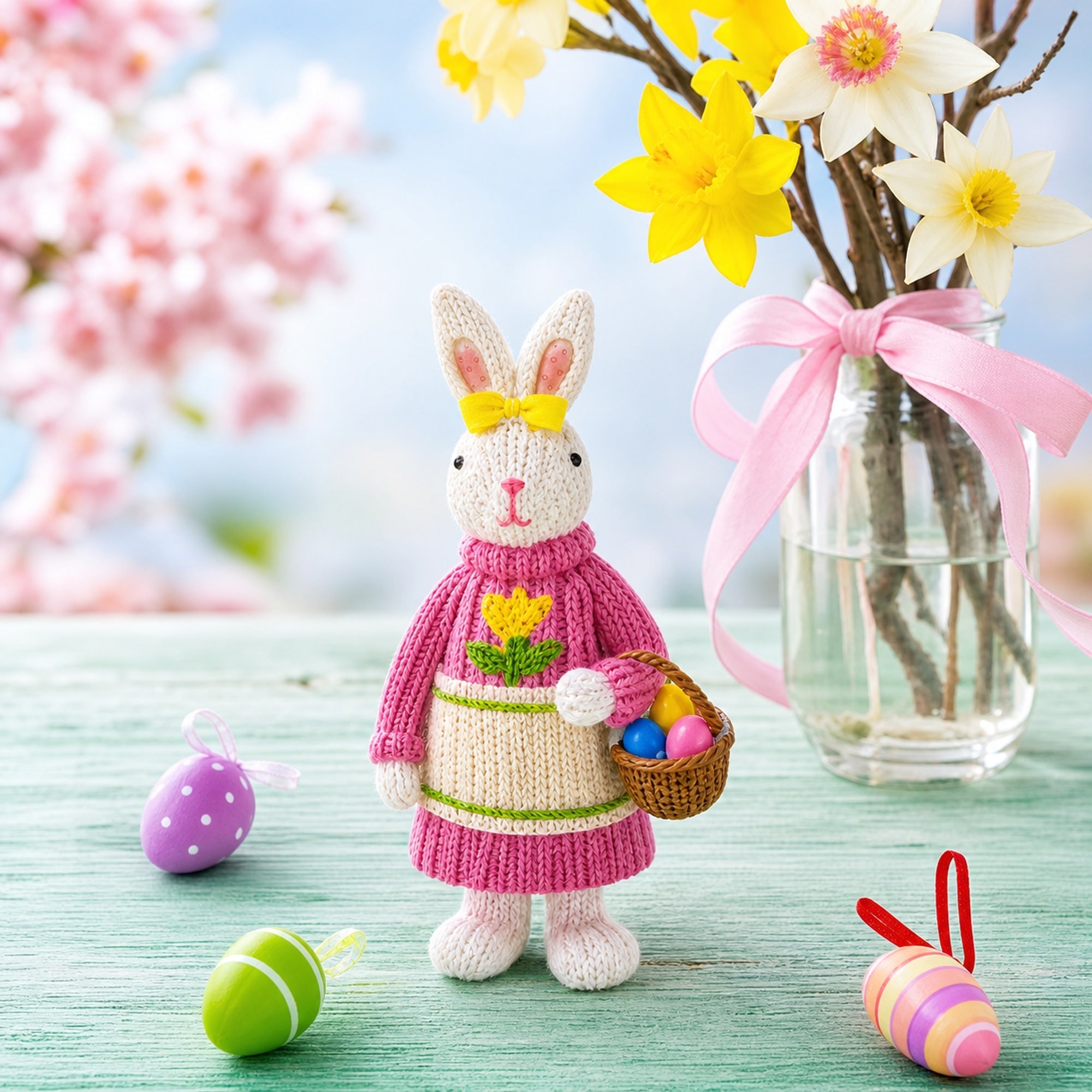 Bunny Figure with Pastel Basket and Sweater Detail 5.8 Inches Tall