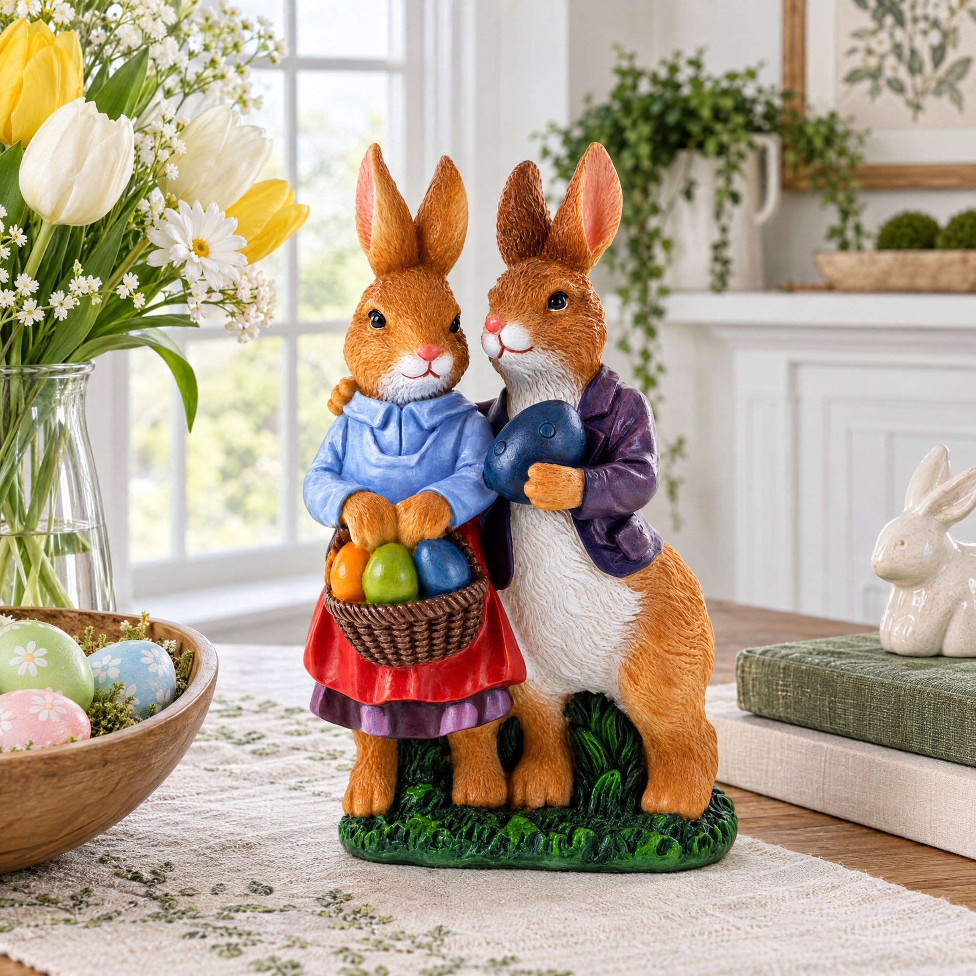 Loving Easter Bunny Pair Figurine With Festive Basket 6.2 Inches Tall