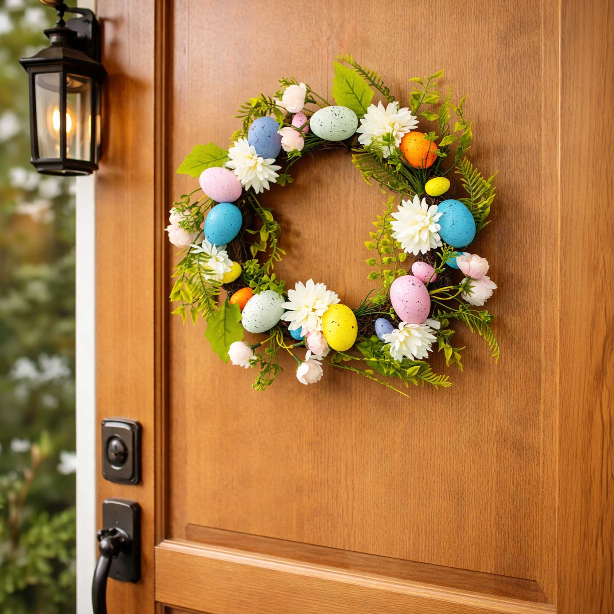 Festive Easter Floral Door Wreath with Pastel Speckled Eggs