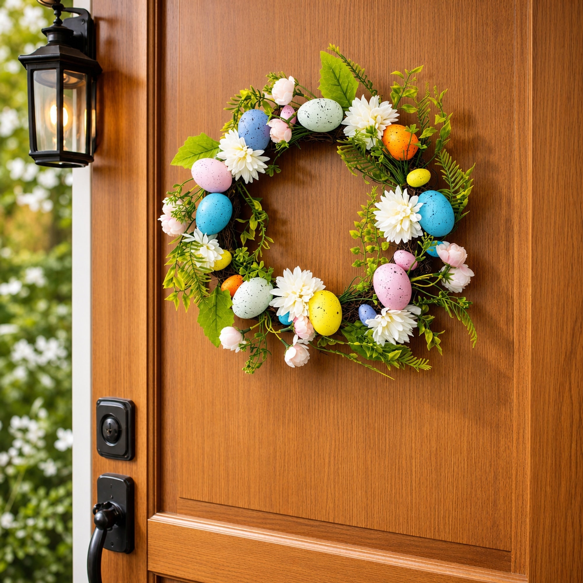 Festive Easter Floral Door Wreath with Pastel Speckled Eggs