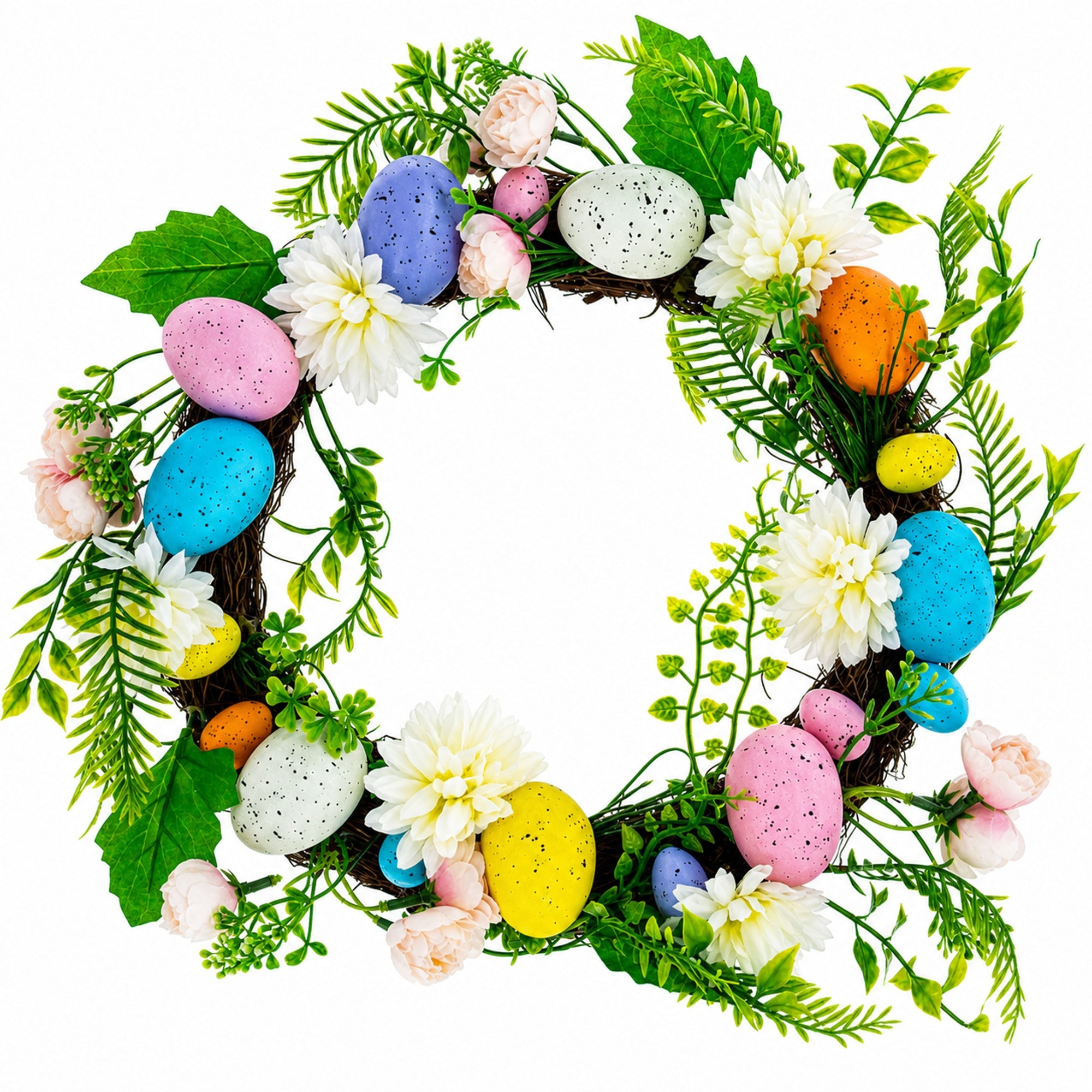 Festive Easter Floral Door Wreath with Pastel Speckled Eggs