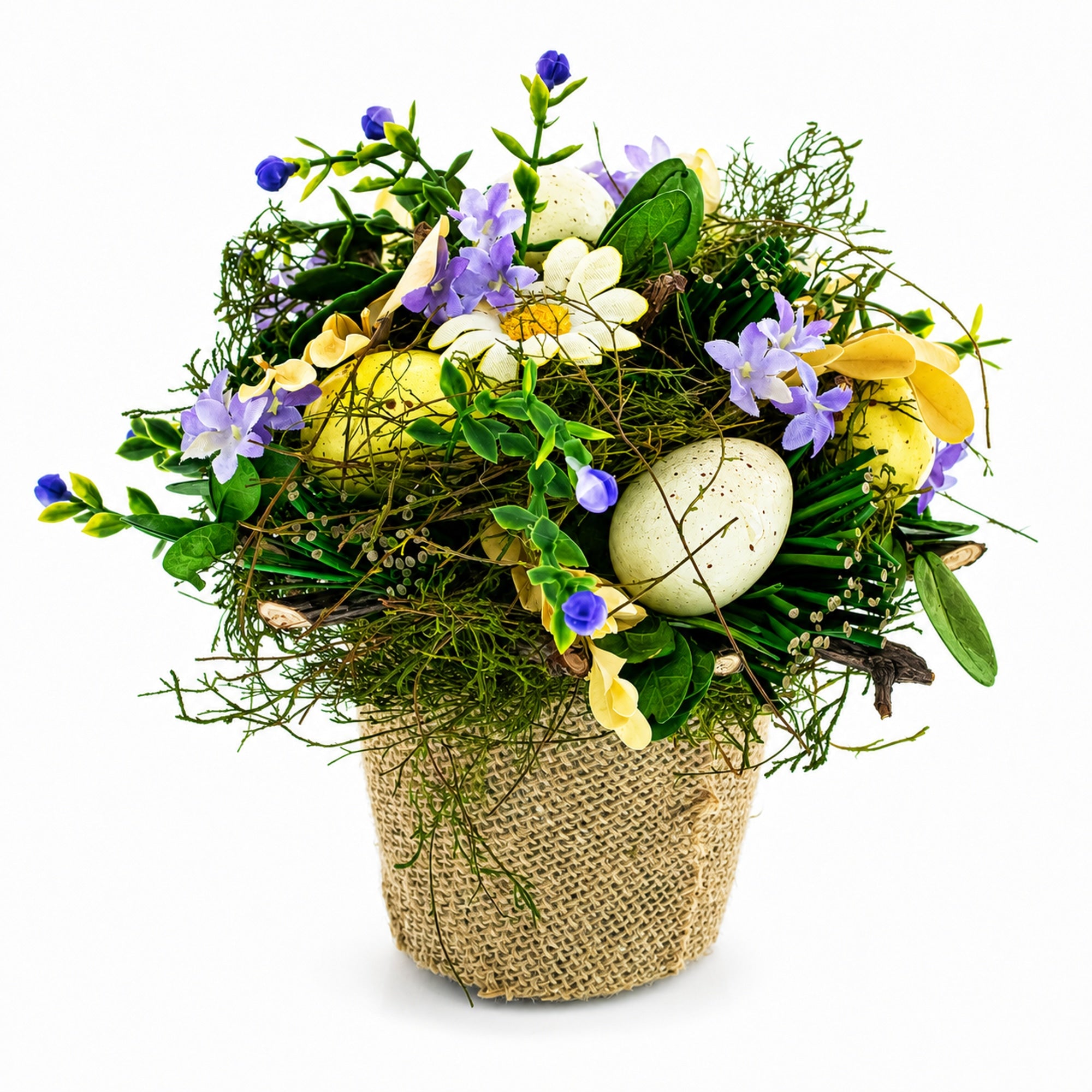 Easter Egg & Floral Arrangement – Rustic Spring Tabletop Decor in Burlap Pot 6.4 Inches Tall