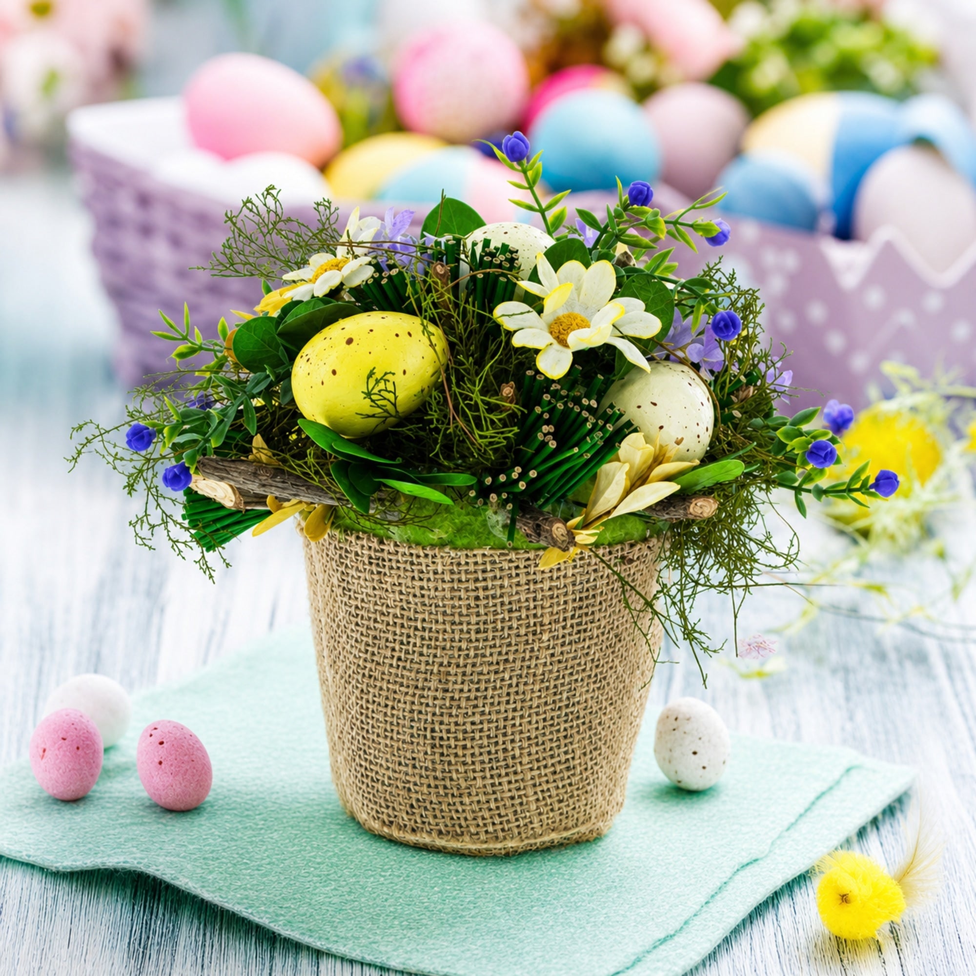 Easter Egg & Floral Arrangement – Rustic Spring Tabletop Decor in Burlap Pot 6.4 Inches Tall