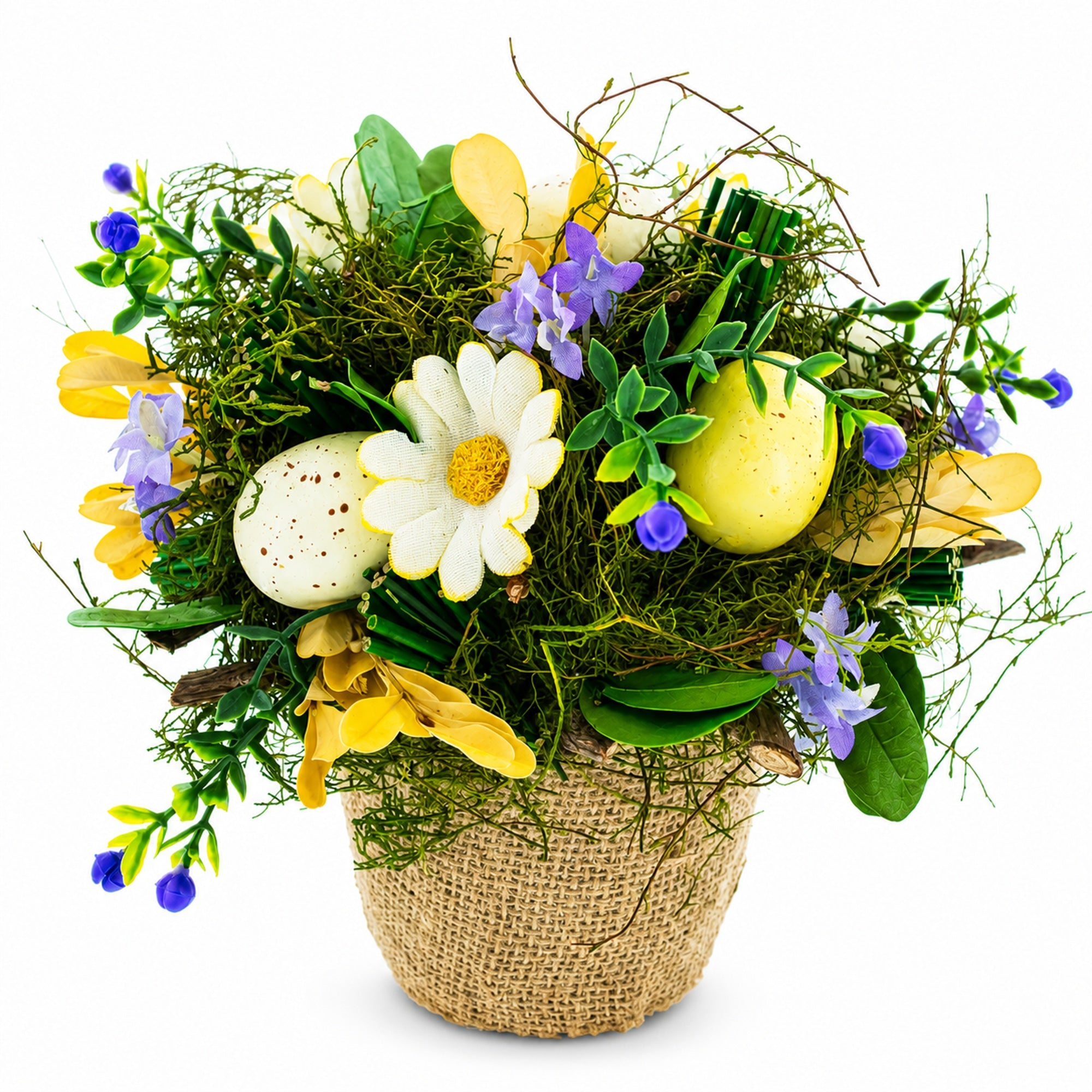 Easter Egg & Floral Arrangement – Rustic Spring Tabletop Decor in Burlap Pot 6.4 Inches Tall