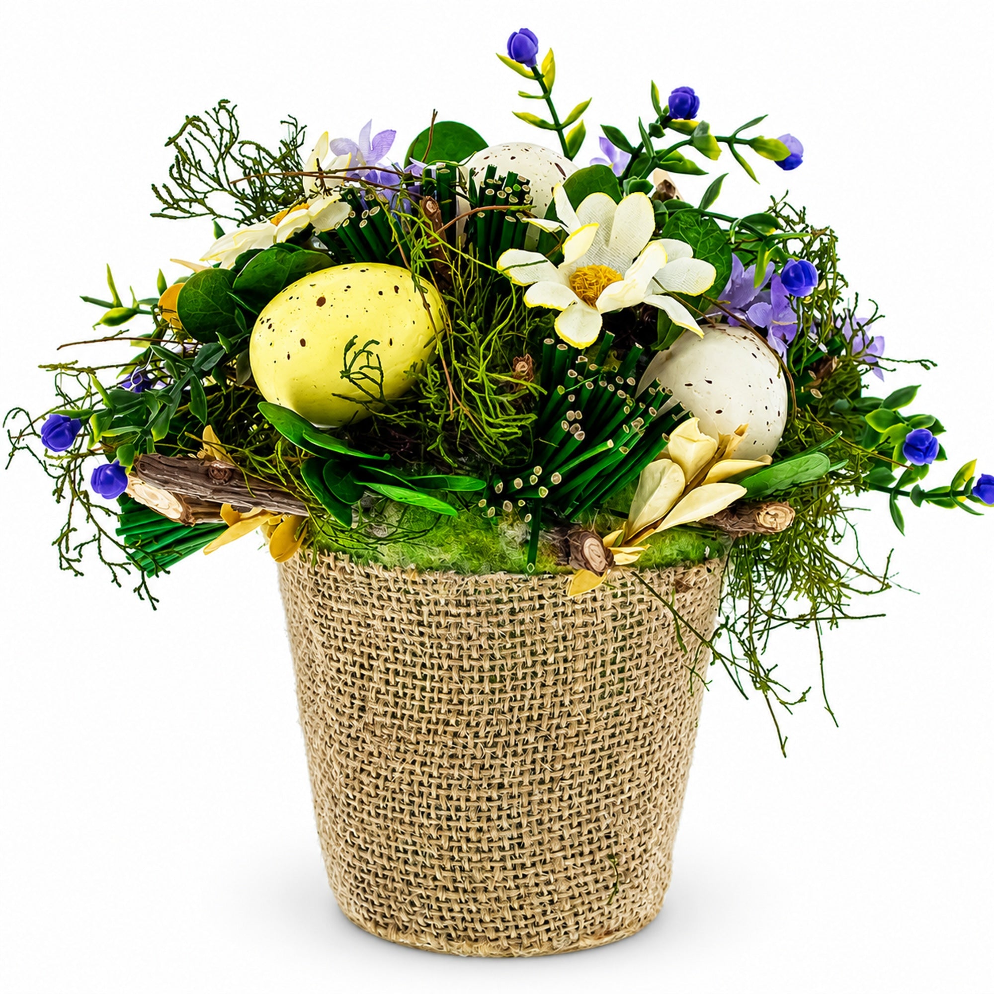 Easter Egg & Floral Arrangement – Rustic Spring Tabletop Decor in Burlap Pot 6.4 Inches Tall