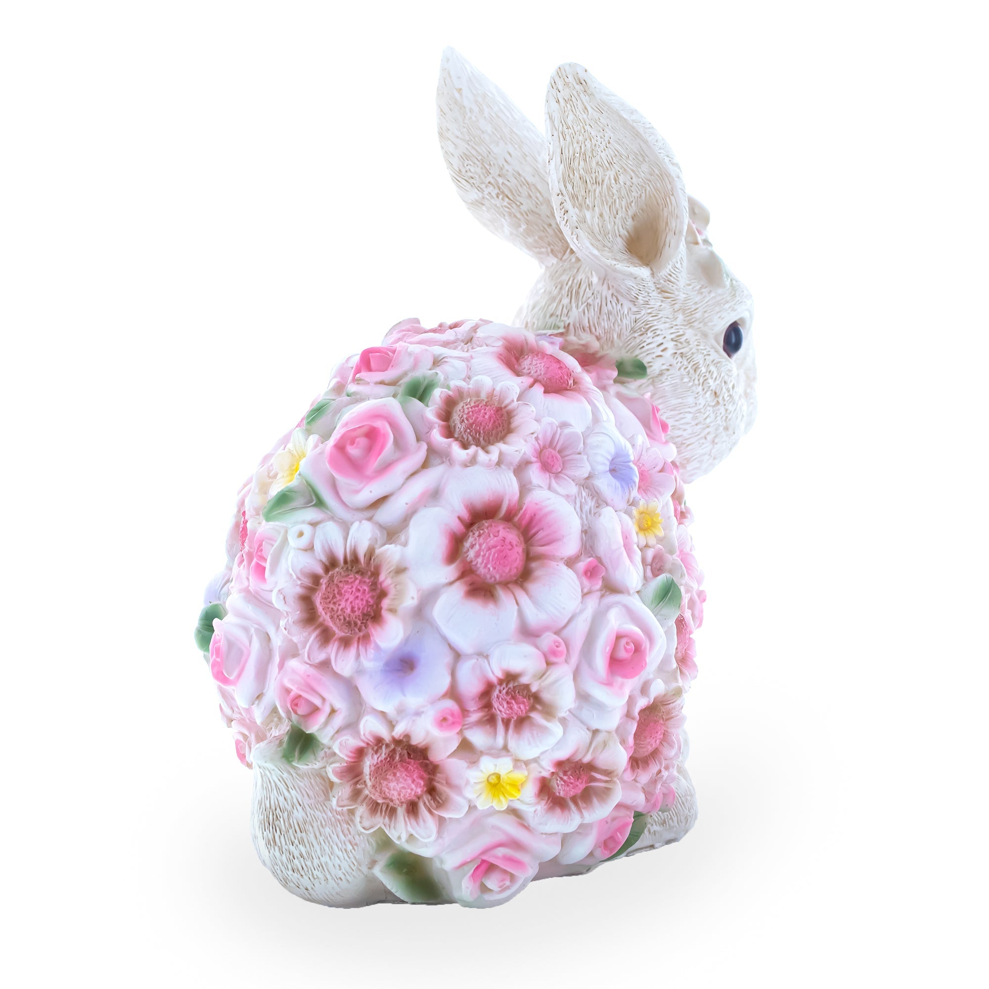 Hand Painted Resin Bunny With Elegant Garden Blooms 7.1 Inches Tall