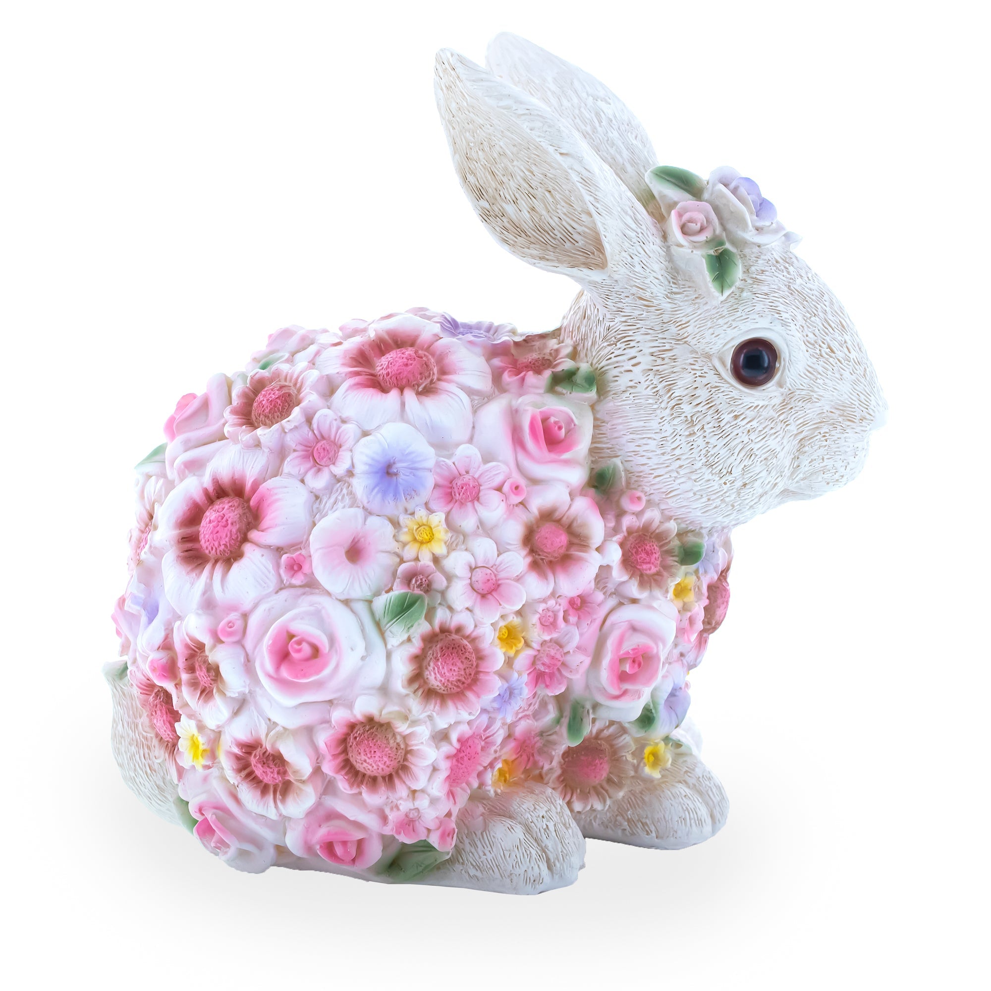 Hand Painted Resin Bunny With Elegant Garden Blooms 7.1 Inches Tall
