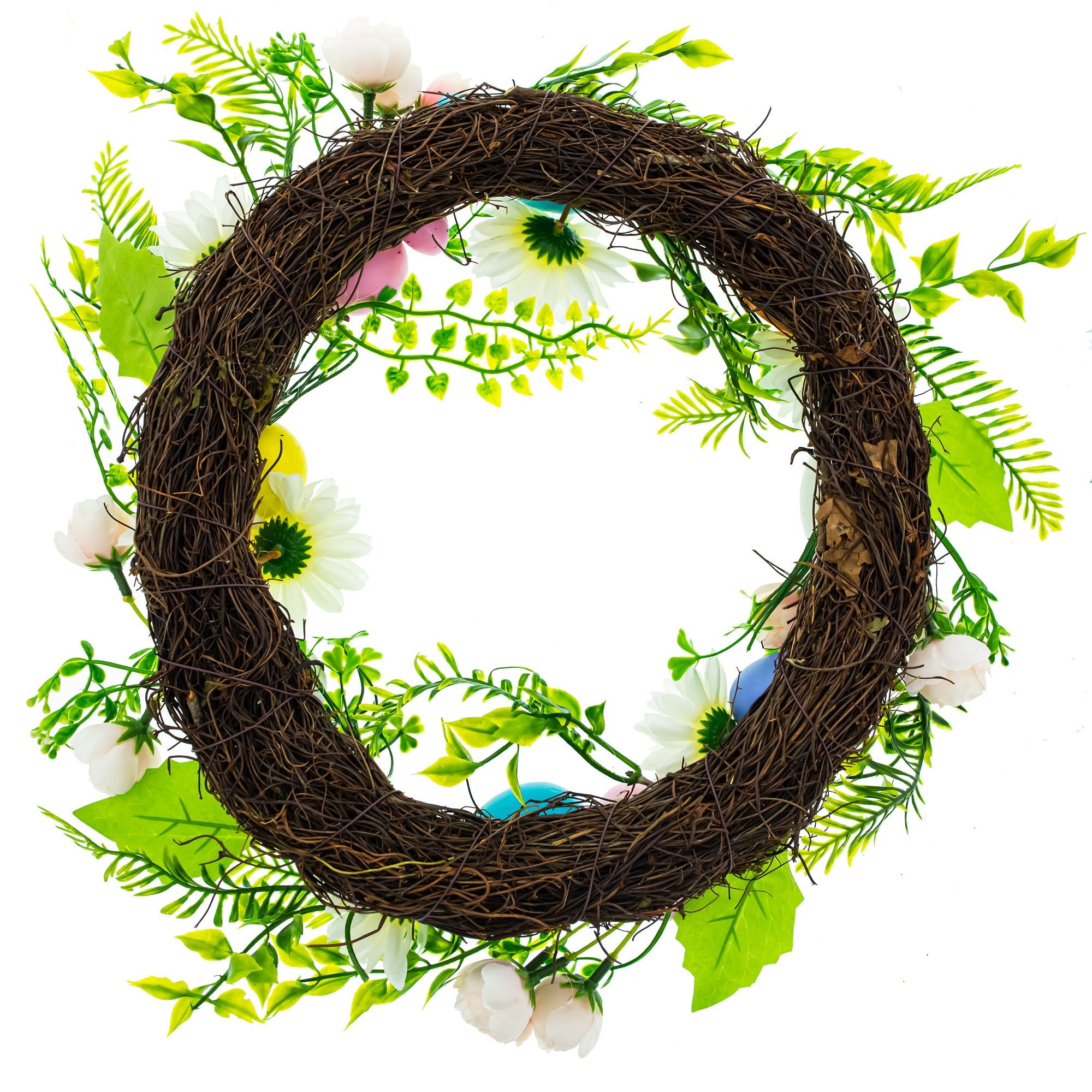 Festive Easter Floral Door Wreath with Pastel Speckled Eggs