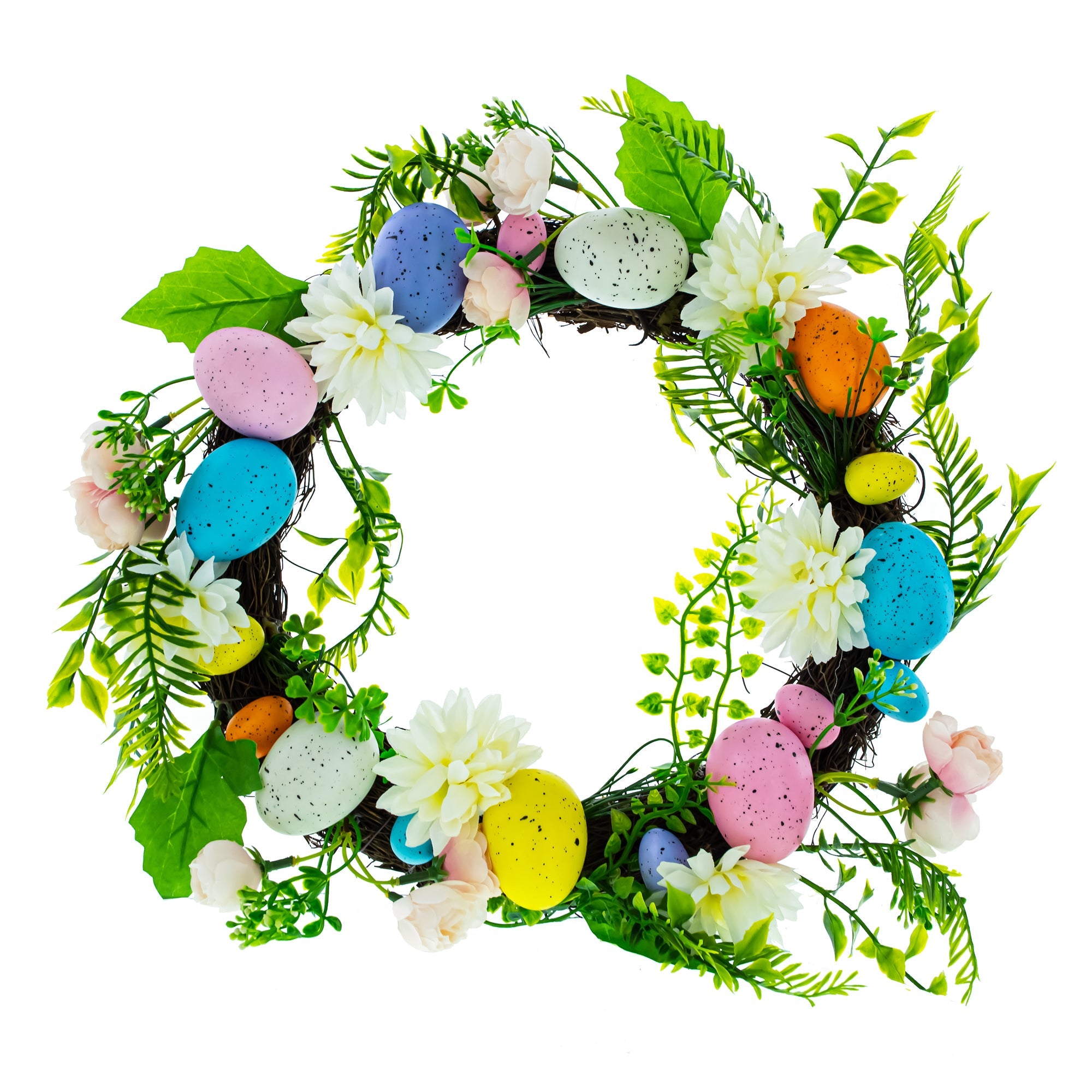 Festive Easter Floral Door Wreath with Pastel Speckled Eggs
