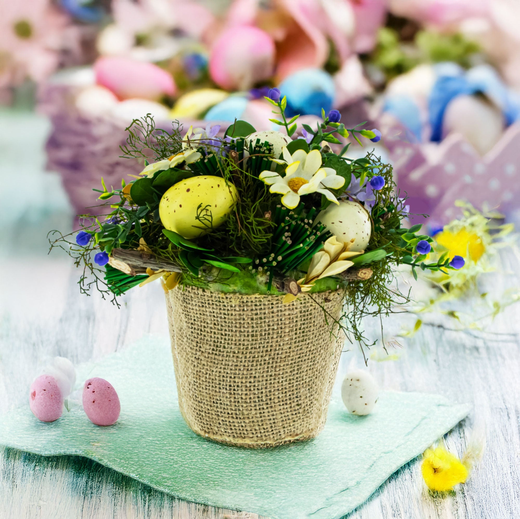 Easter Egg & Floral Arrangement – Rustic Spring Tabletop Decor in Burlap Pot 6.4 Inches Tall