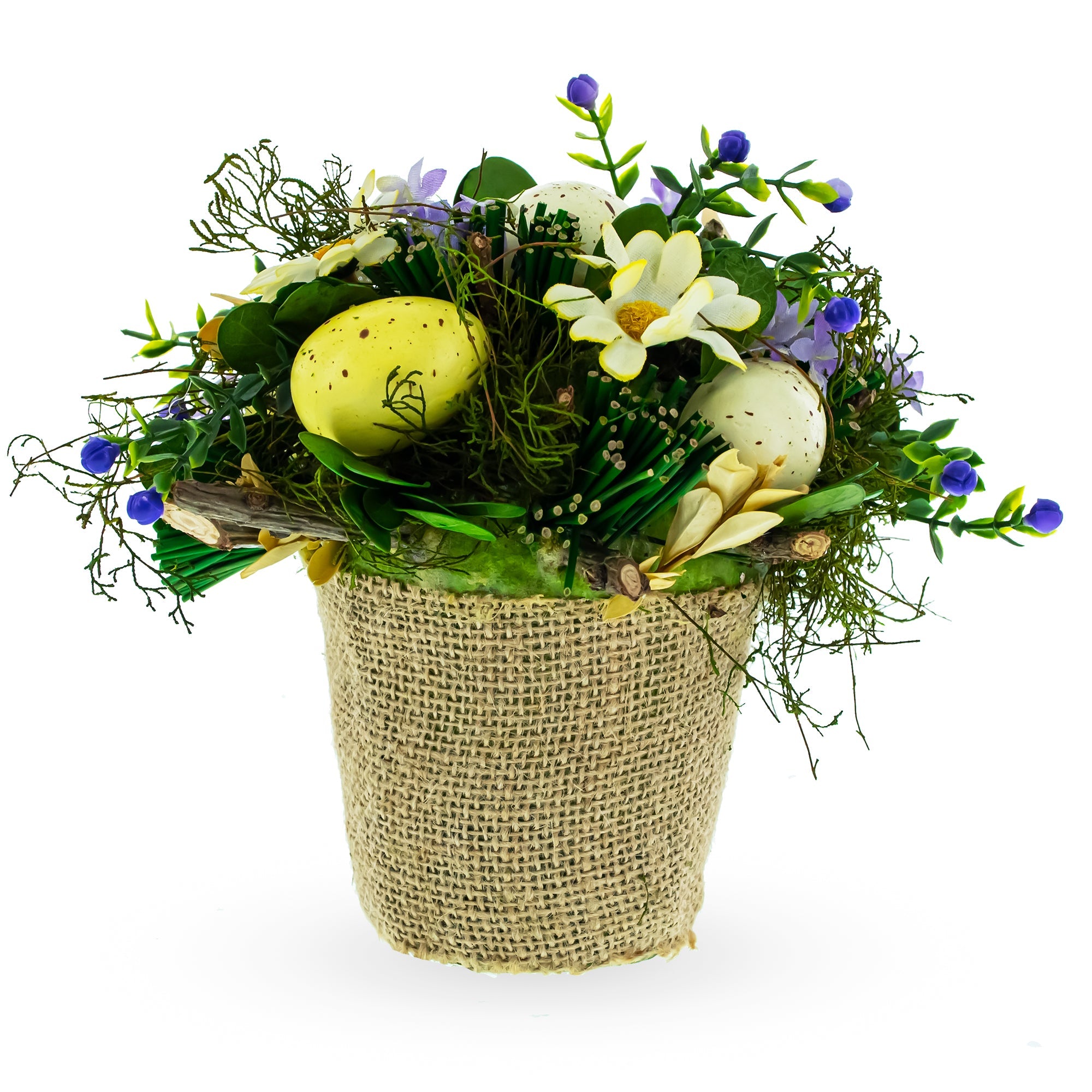 Easter Egg & Floral Arrangement – Rustic Spring Tabletop Decor in Burlap Pot 6.4 Inches Tall