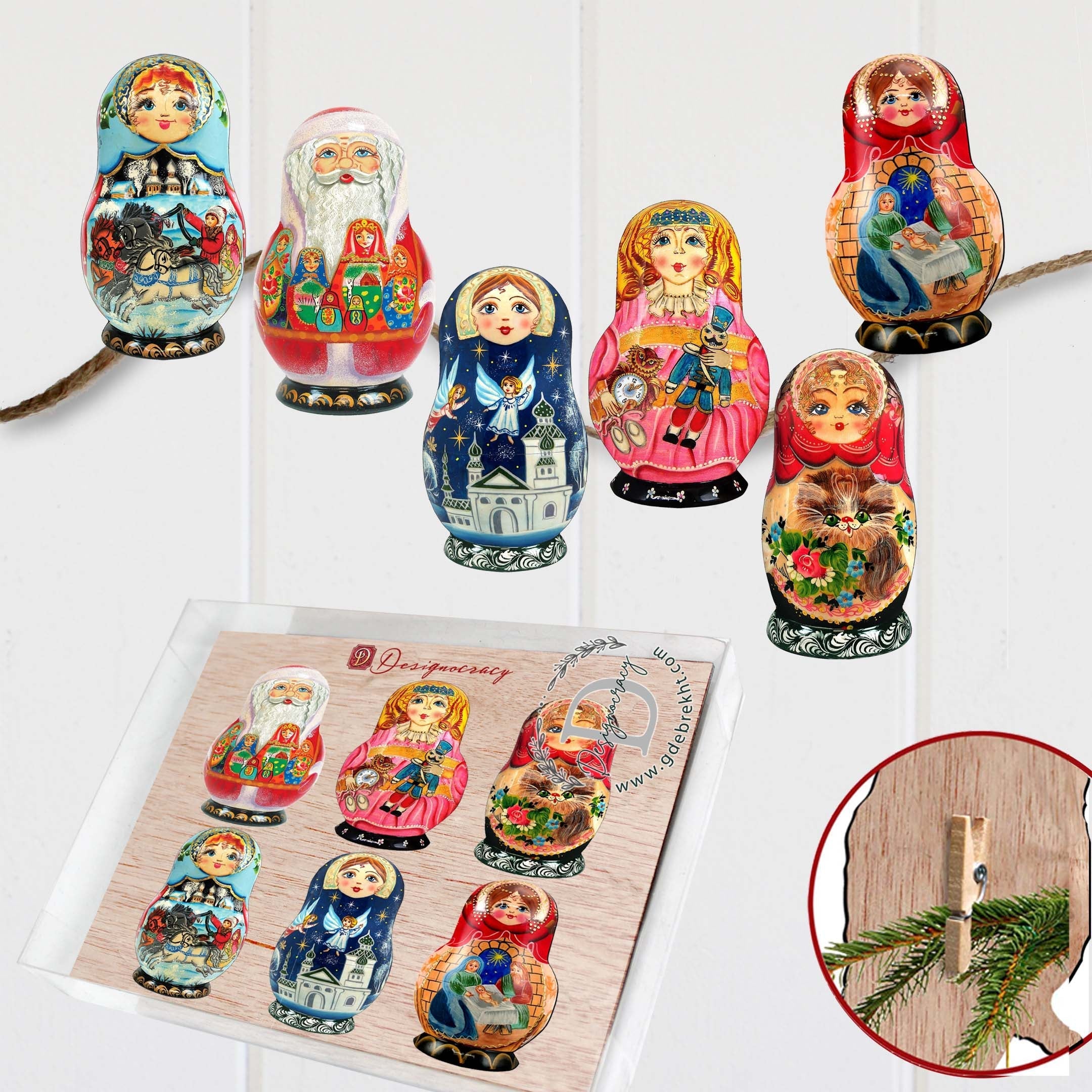 Nested Dolls Clip-On Eco Wood Decorative Ornaments Set of 6 by G. Debrekht - Christmas Decor - 8090130C-S6