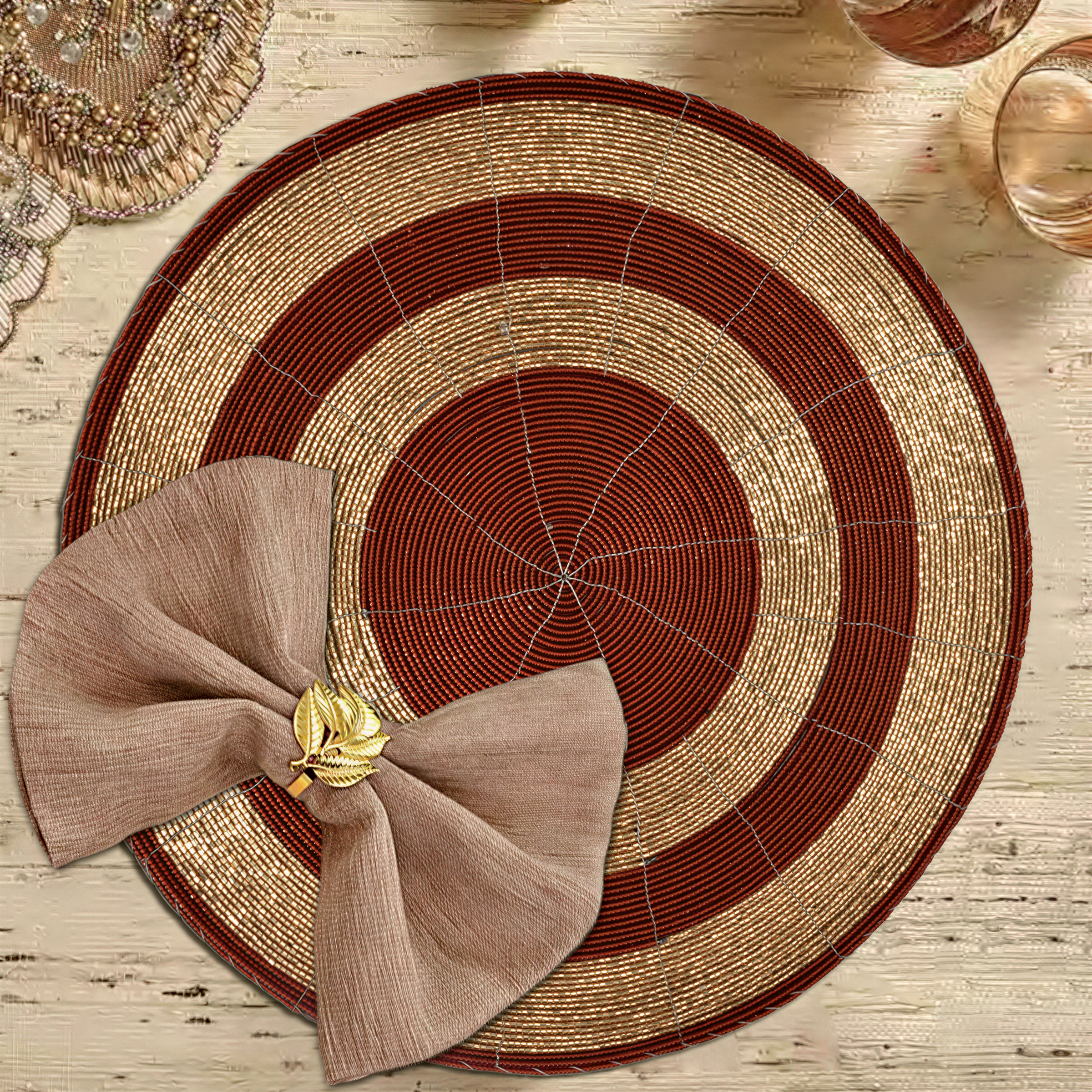 Beaded Placemats – Round Handmade Table Decor with Embroidered Beads, 14 Inch