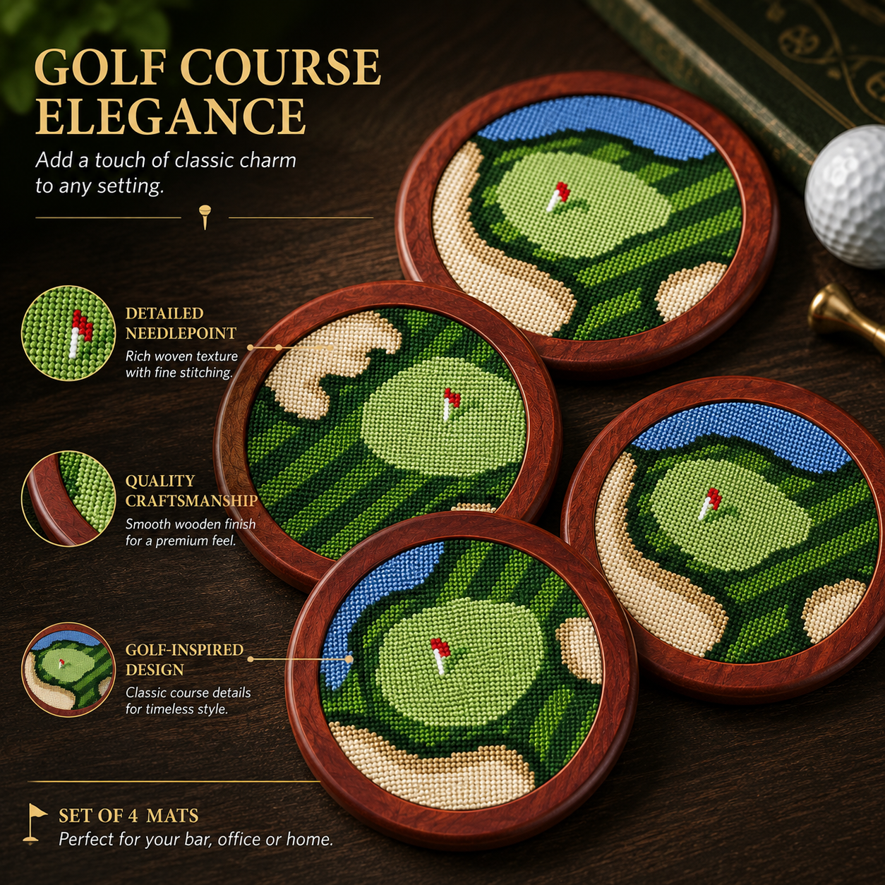 Golf Coasters, Durable Wooden Drink Coasters with Holder