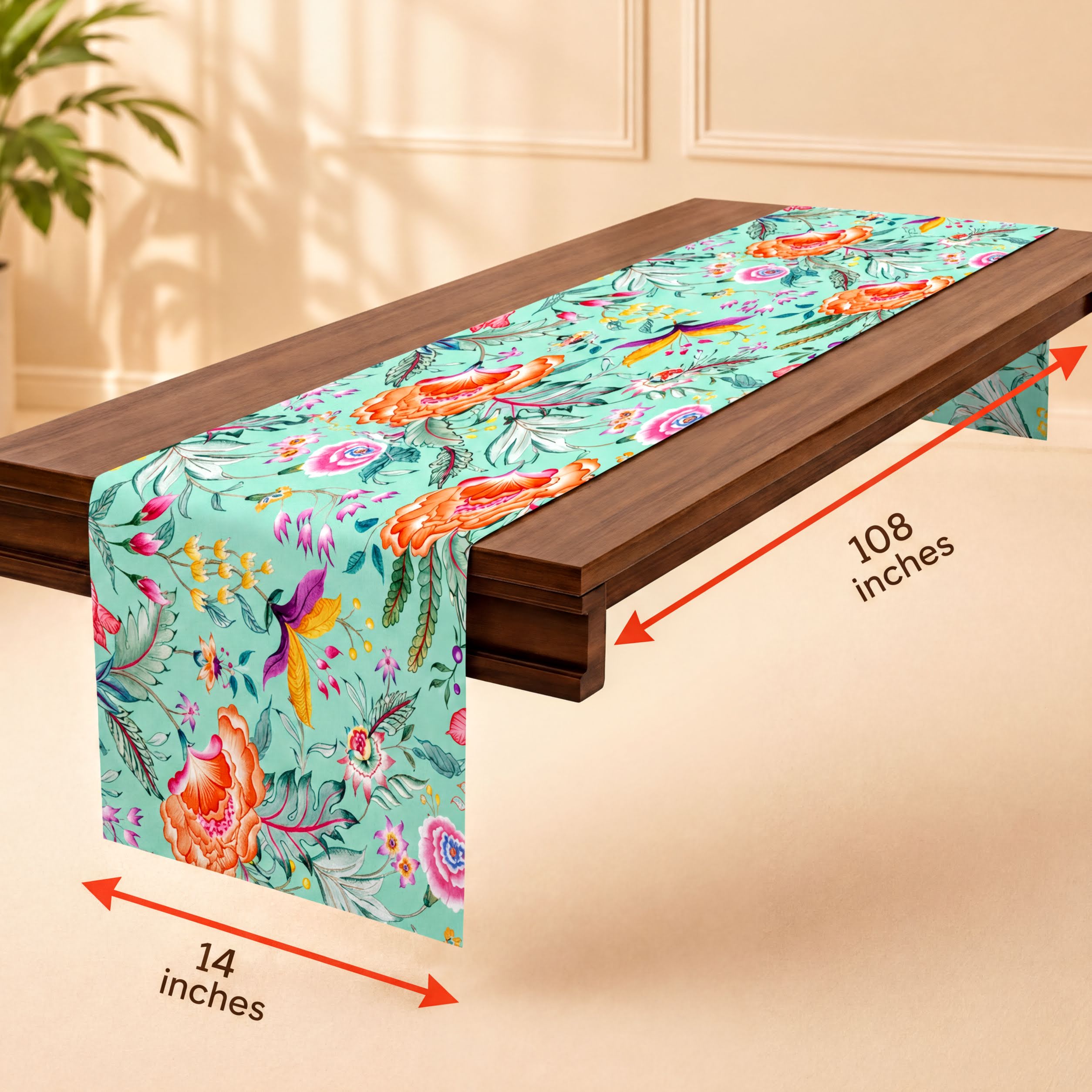 Printed Table Runner - Chintz Floral Print Green Pink, Elegant Dining Decor