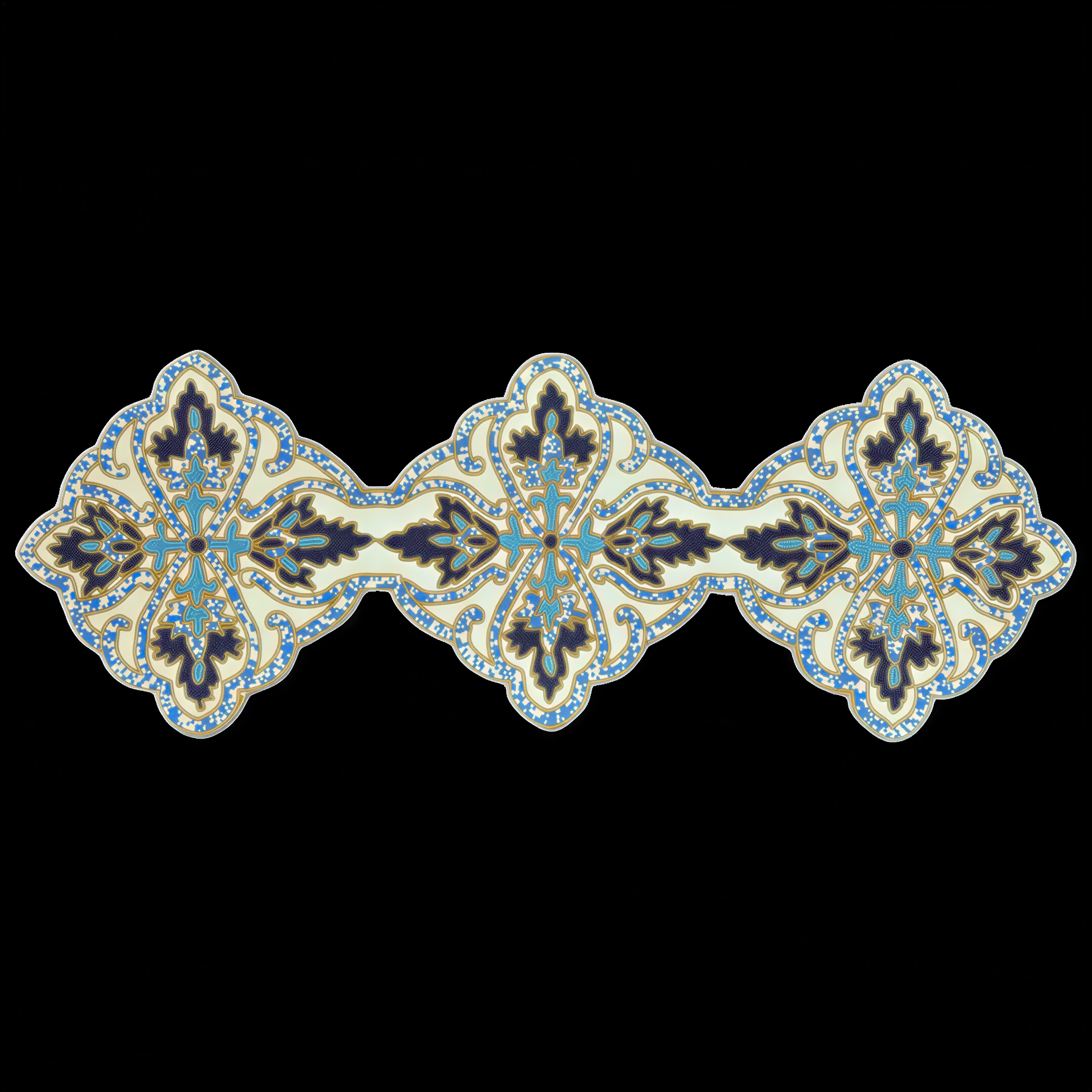Beaded Table Runner - Blue White Satin Fabric Runner with Glass Bead Decoration, 54" x 13"